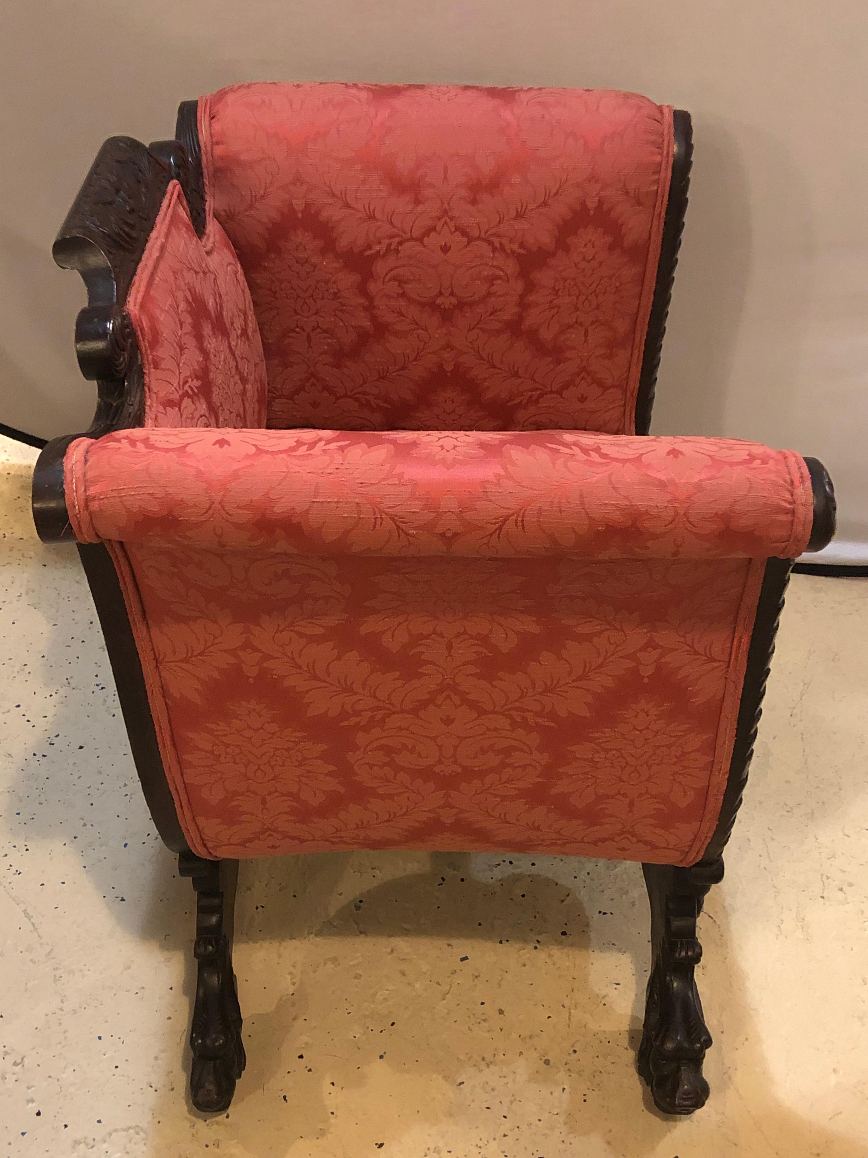19th Century Figure Carved Victorian Armchair in Lovely Rose Colored Upholstery In Good Condition In Stamford, CT
