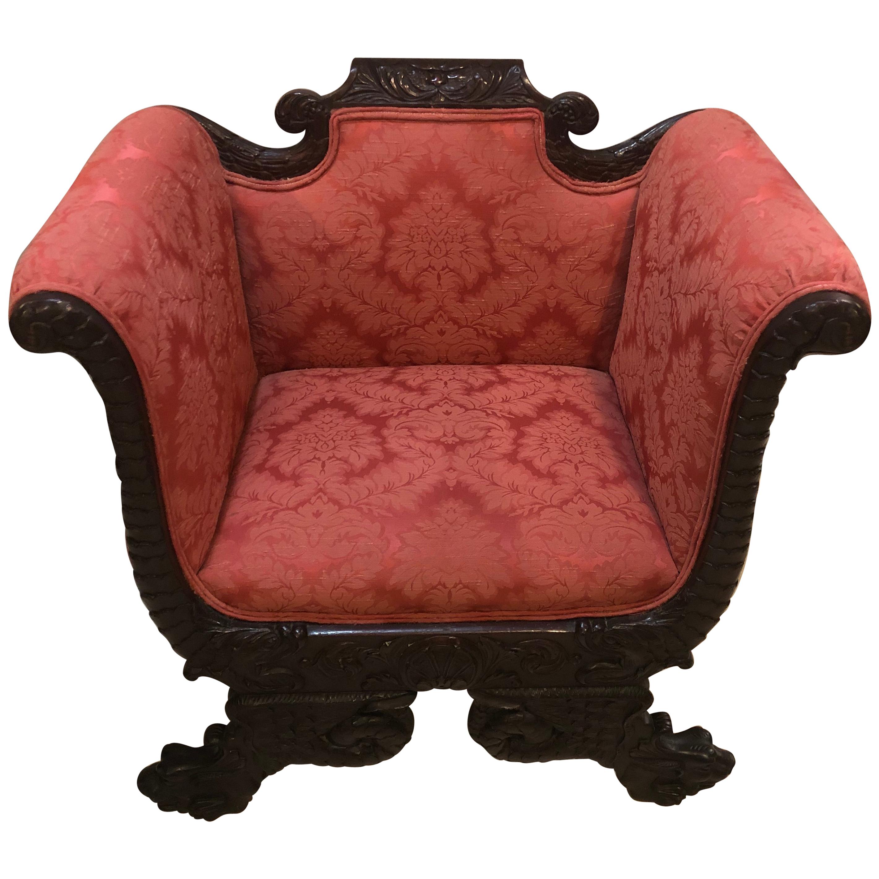 19th Century Figure Carved Victorian Armchair in Lovely Rose Colored Upholstery