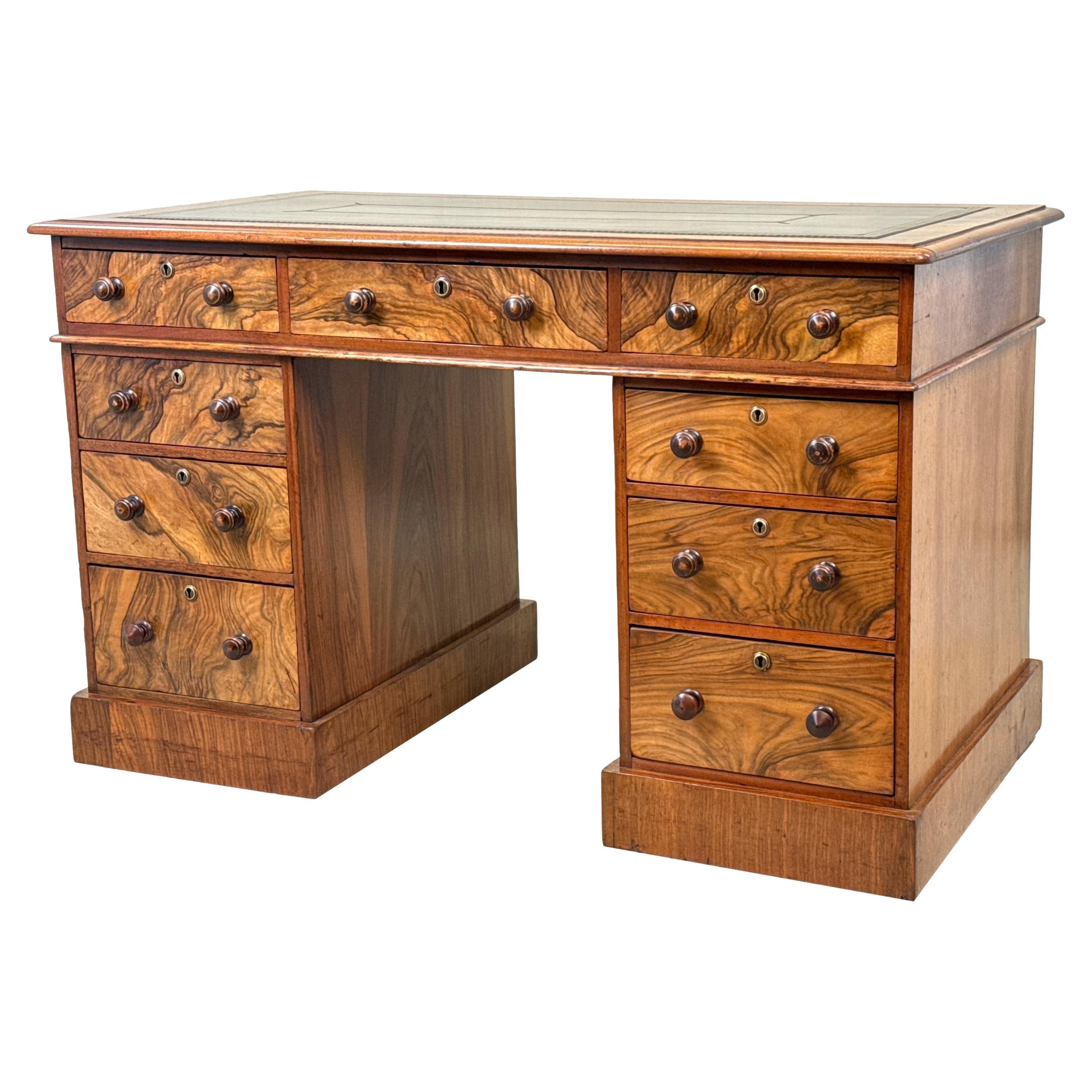 19th Century Figured Walnut Pedestal Desk For Sale