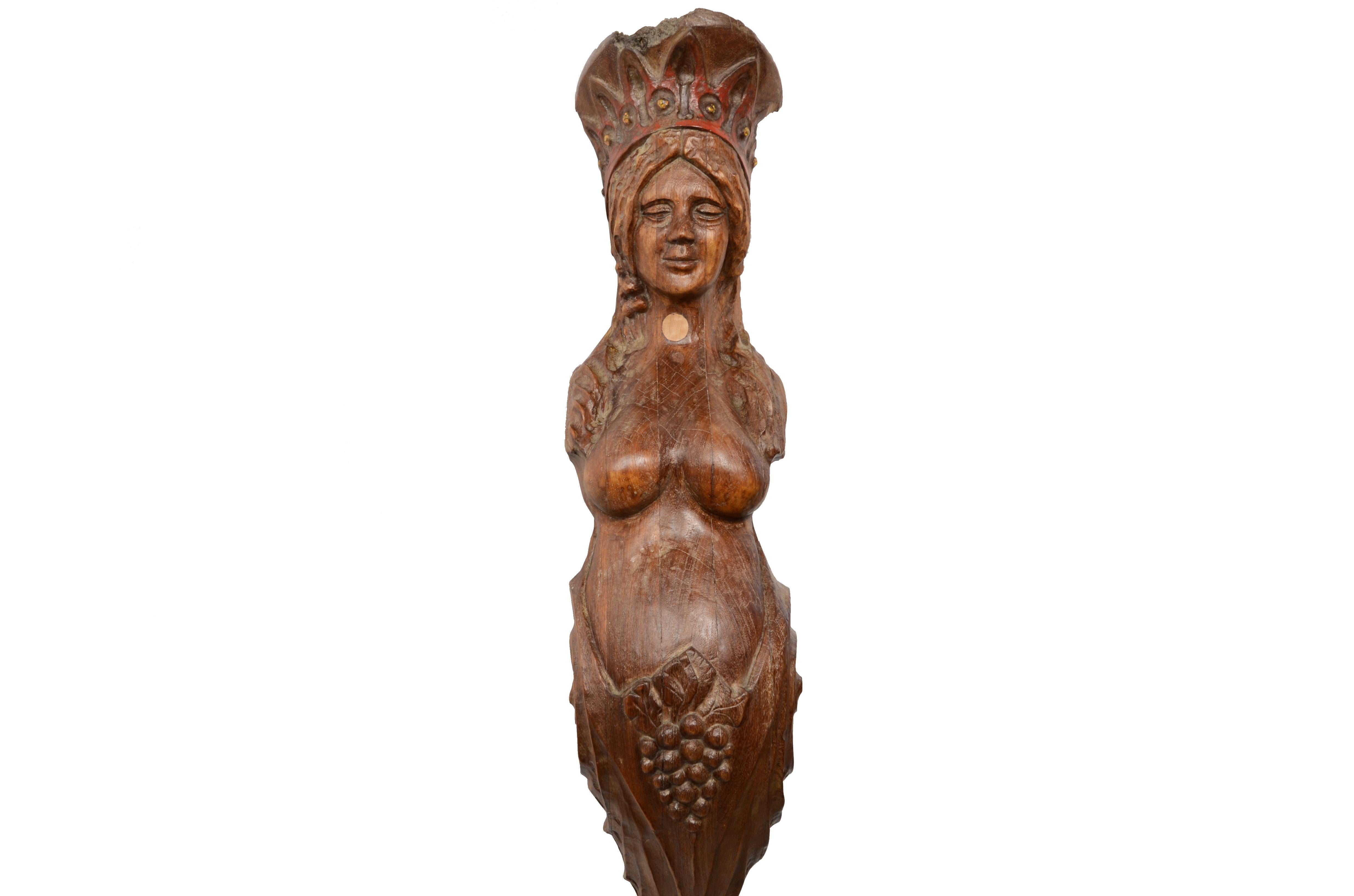 19th Century Carved Ship Figurehead Oak Wood Female Figure Antique Maritime In Good Condition For Sale In Milan, IT