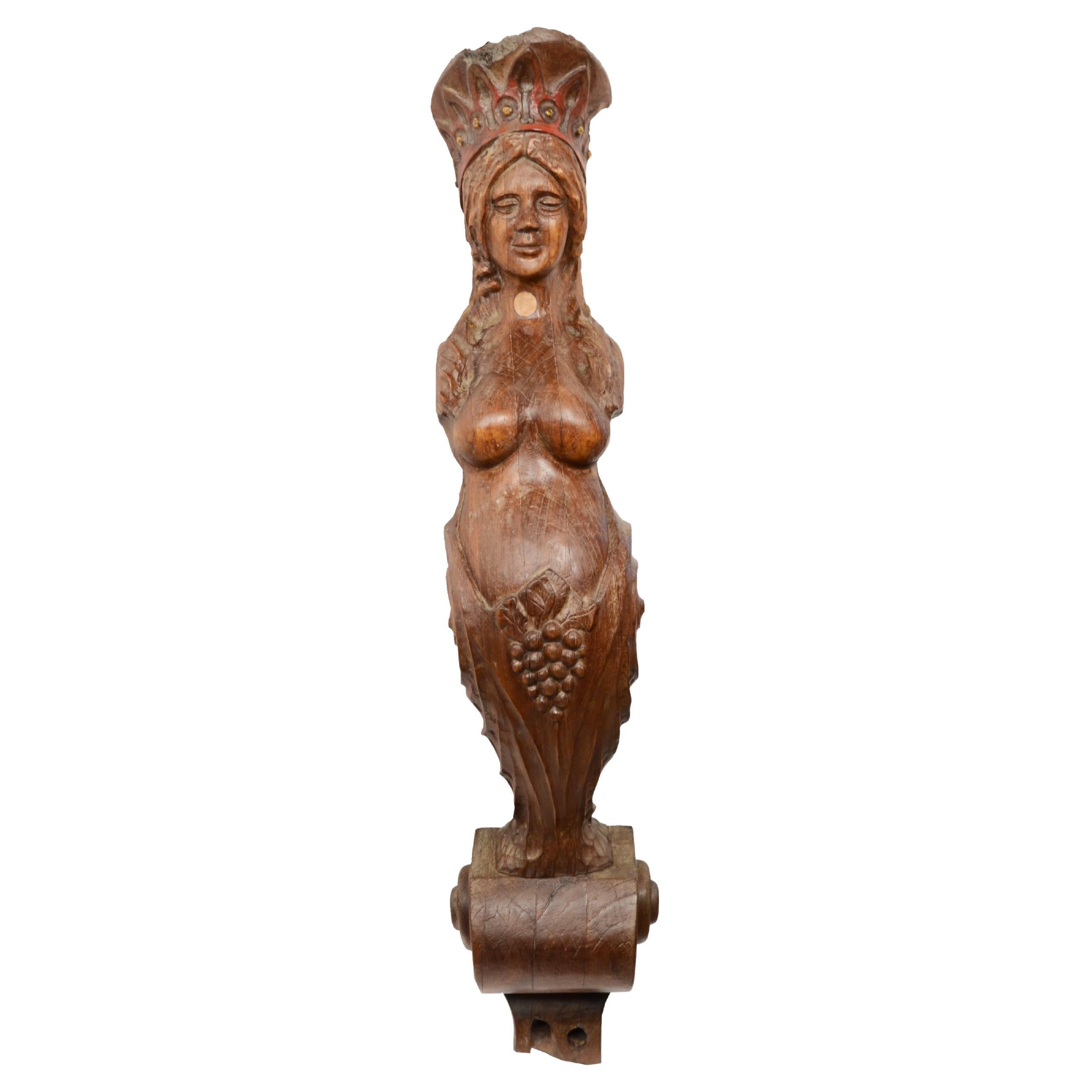 Figure de bateau en bois de chêne sculpté du 19ème siècle - Figure féminine antique maritime
