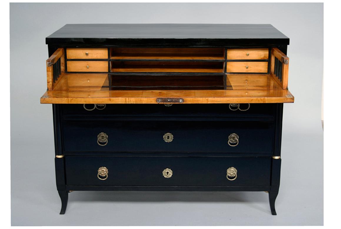 Hello,
This exceptional, ebonized Biedermeier bureau-commode was made in Vienna circa 1820-25.

Ebonized Biedermeier pieces were mostly made in Vienna, Austria and account for only 1-2 % of all Biedermeier furniture made. Therefore, they are very