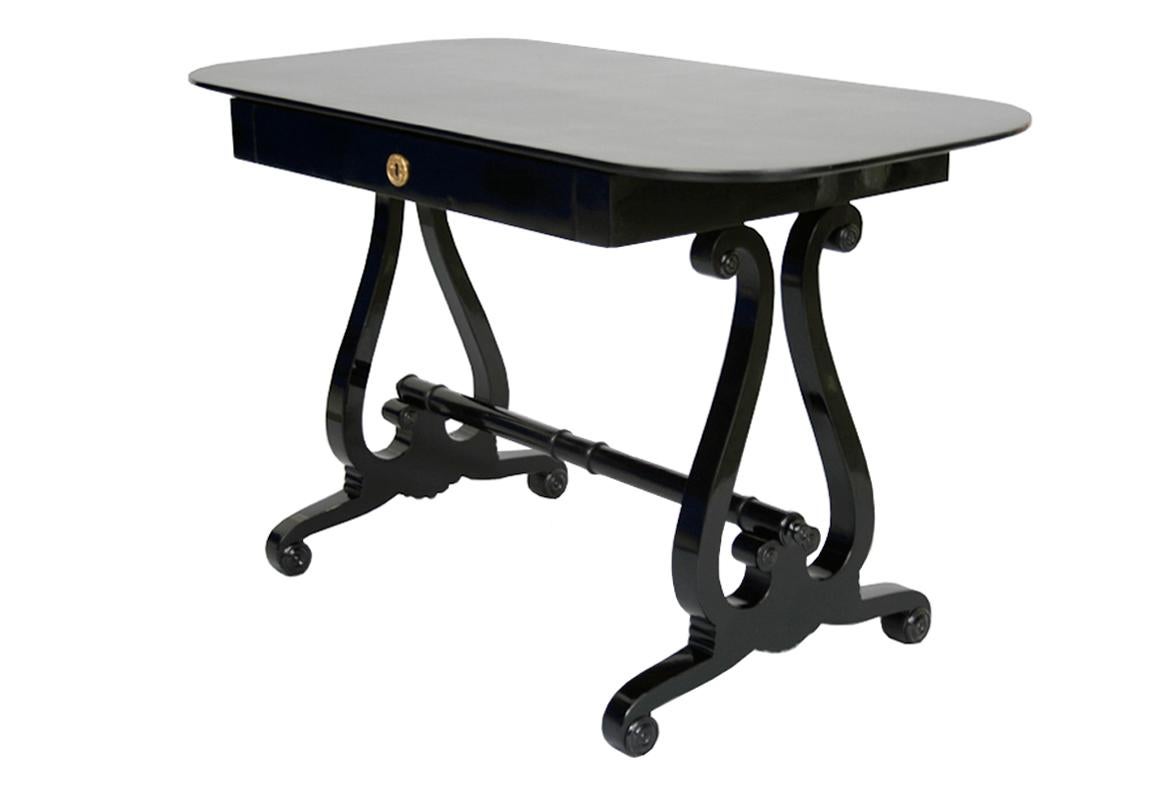 Hello,
This fine Viennese Biedermeier writing table was made circa 1825.

Ebonized Biedermeier pieces were mostly made in Vienna, Austria and account for only 1-2 % of all Biedermeier furniture made. Therefore, they are very rare. 

Viennese