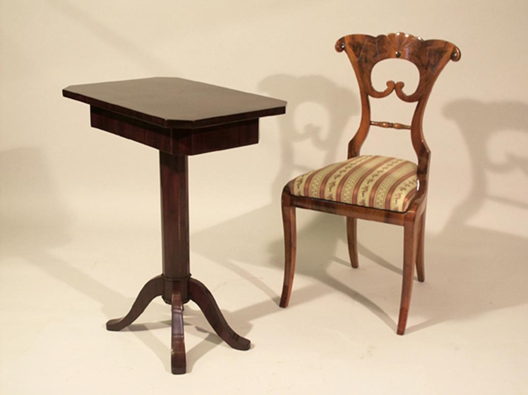 Hello,
This exceptional Viennese Biedermeier mahogany side table was made circa 1820-25.

Viennese Biedermeier is distinguished by their sophisticated proportions, rare and refined design and excellent craftsmanship and continue to have a great