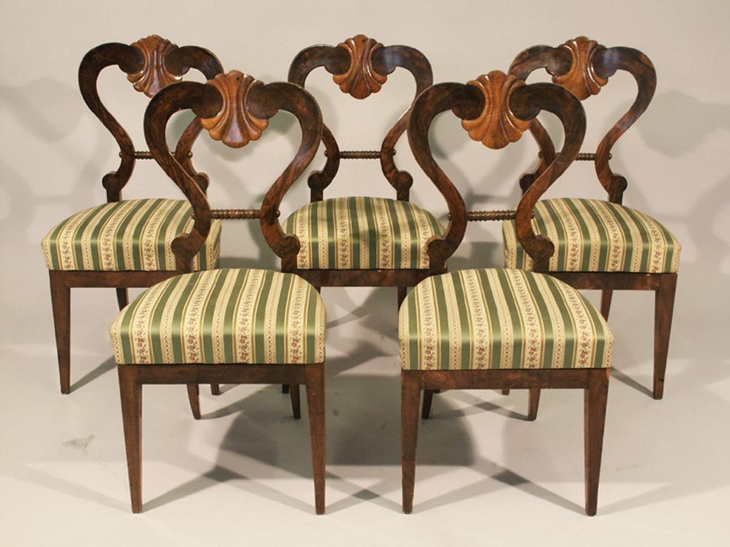 Upholstery 19th Century Biedermeier Walnut Set of Five Chairs & Table. Vienna, c. 1825.
