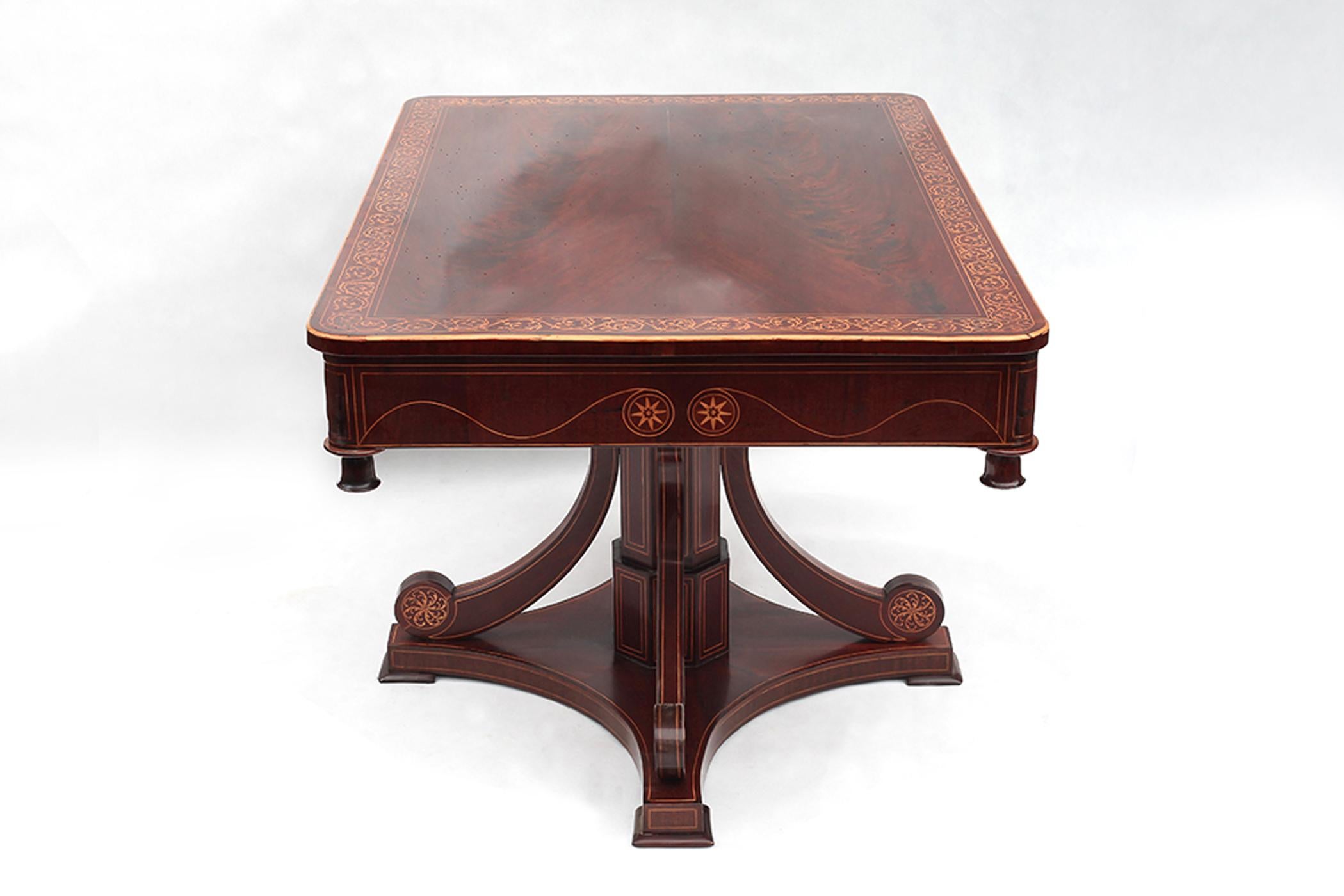 Hello,
We would like to offer you this fine and rare mahogany Biedermeier suite consisting nine pieces. 

This suite of Continental Biedermeier (Northern Germany - circa 1825) mahogany dining room furniture including a rectangular table with