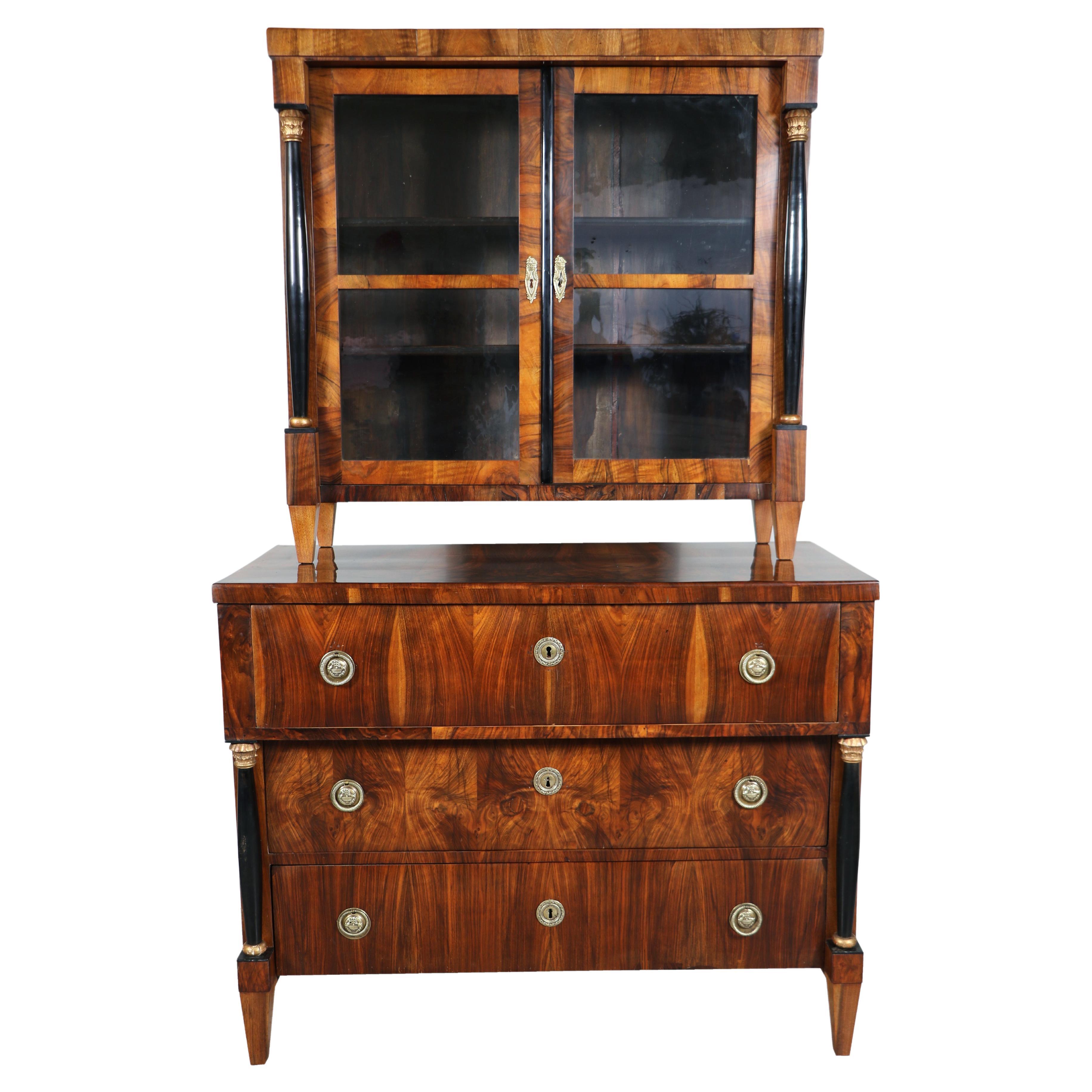 19th Century Biedermeier Walnut Chest & Vitrine. Vienna, c. 1820-25. For Sale