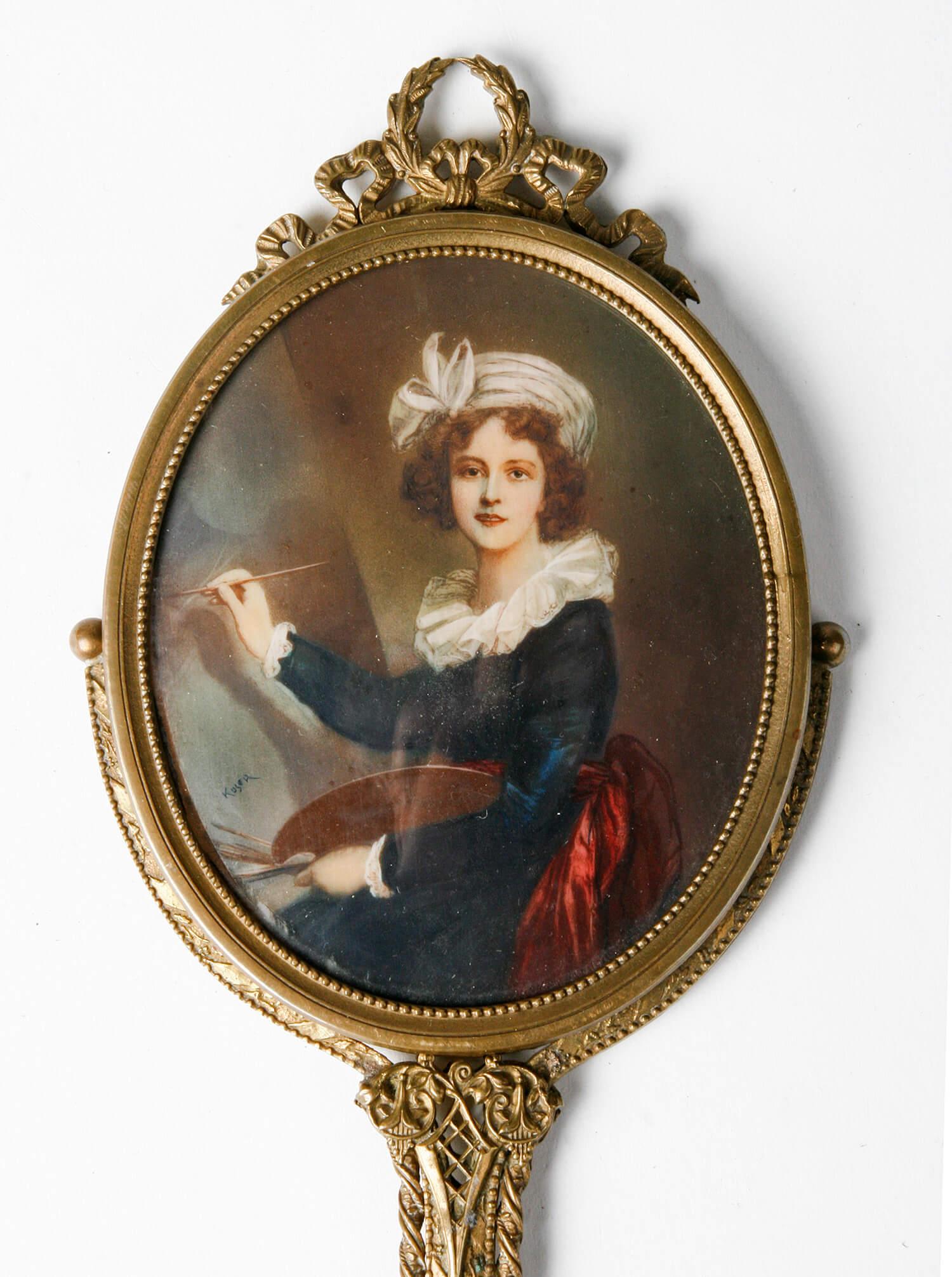 Napoleon III 19th Century Fine Bronze Hand Mirror with Miniature Portrait