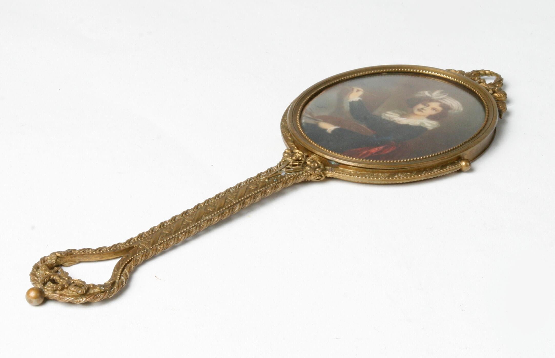 19th Century Fine Bronze Hand Mirror with Miniature Portrait 1