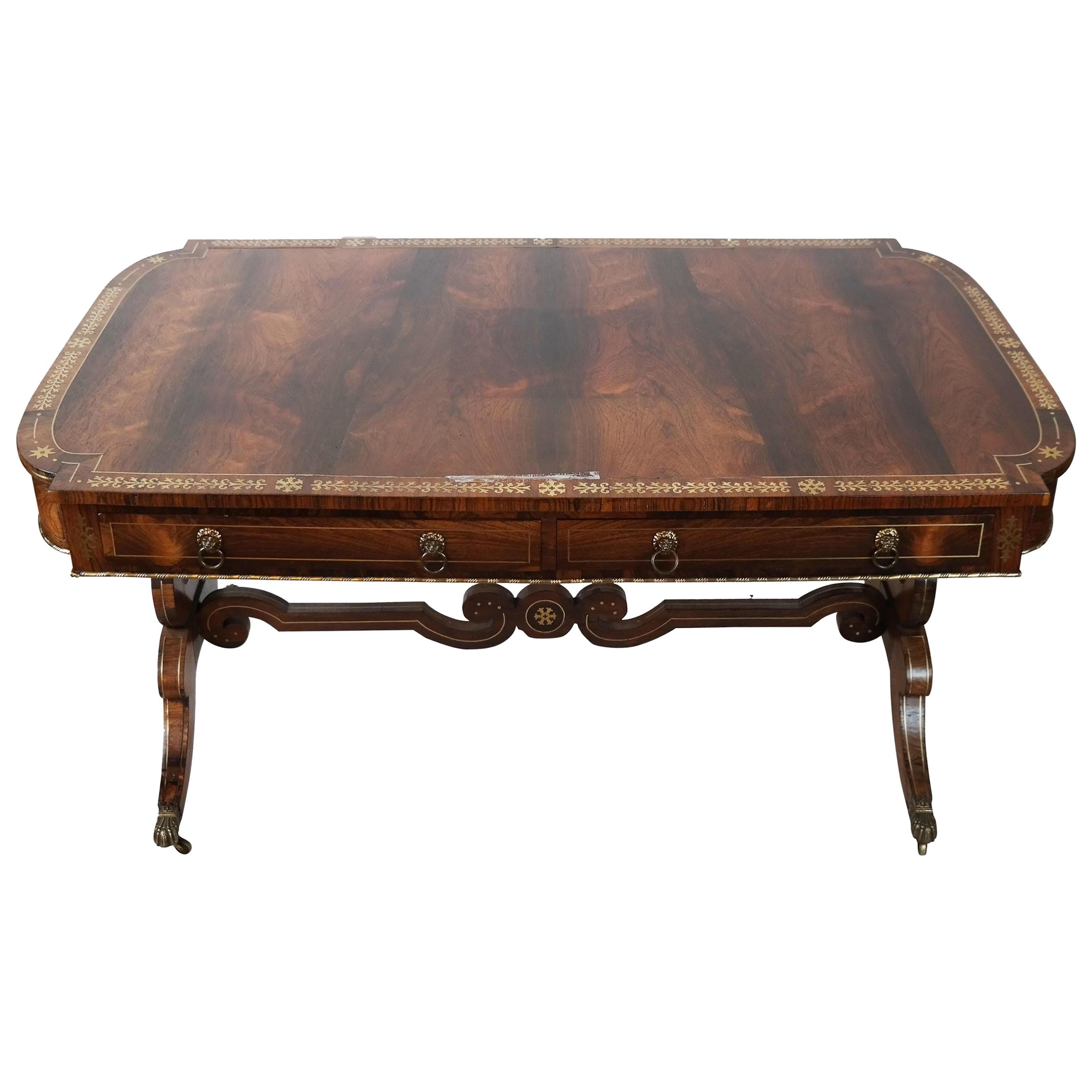 19th Century Fine English Regency Rosewood and Brass Inlayed Desk