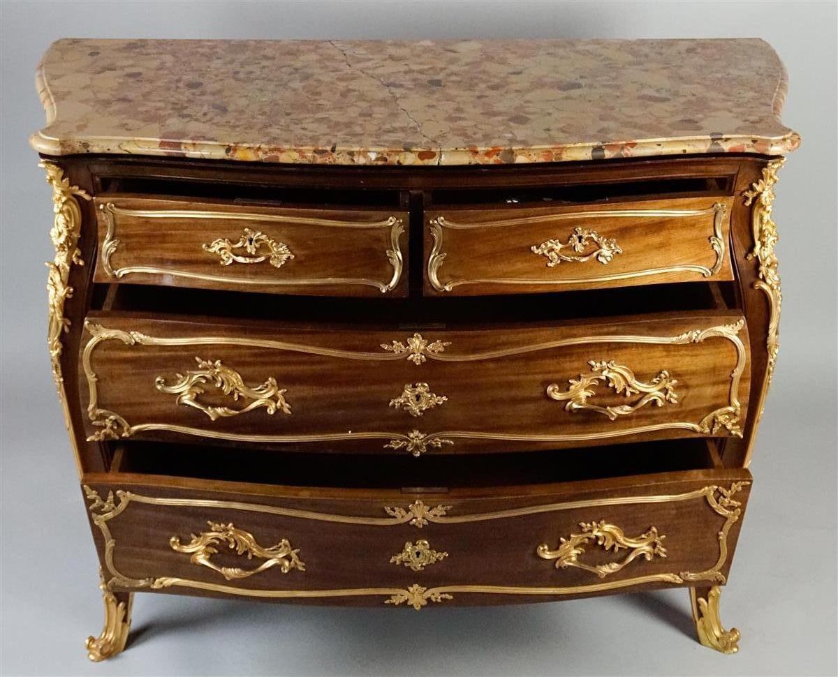 Beautiful 19th century French Louis XV mahogany and gilt bronze mounted commode by Francois Linke. The locks signed. The marble top is the original brech de Alep.