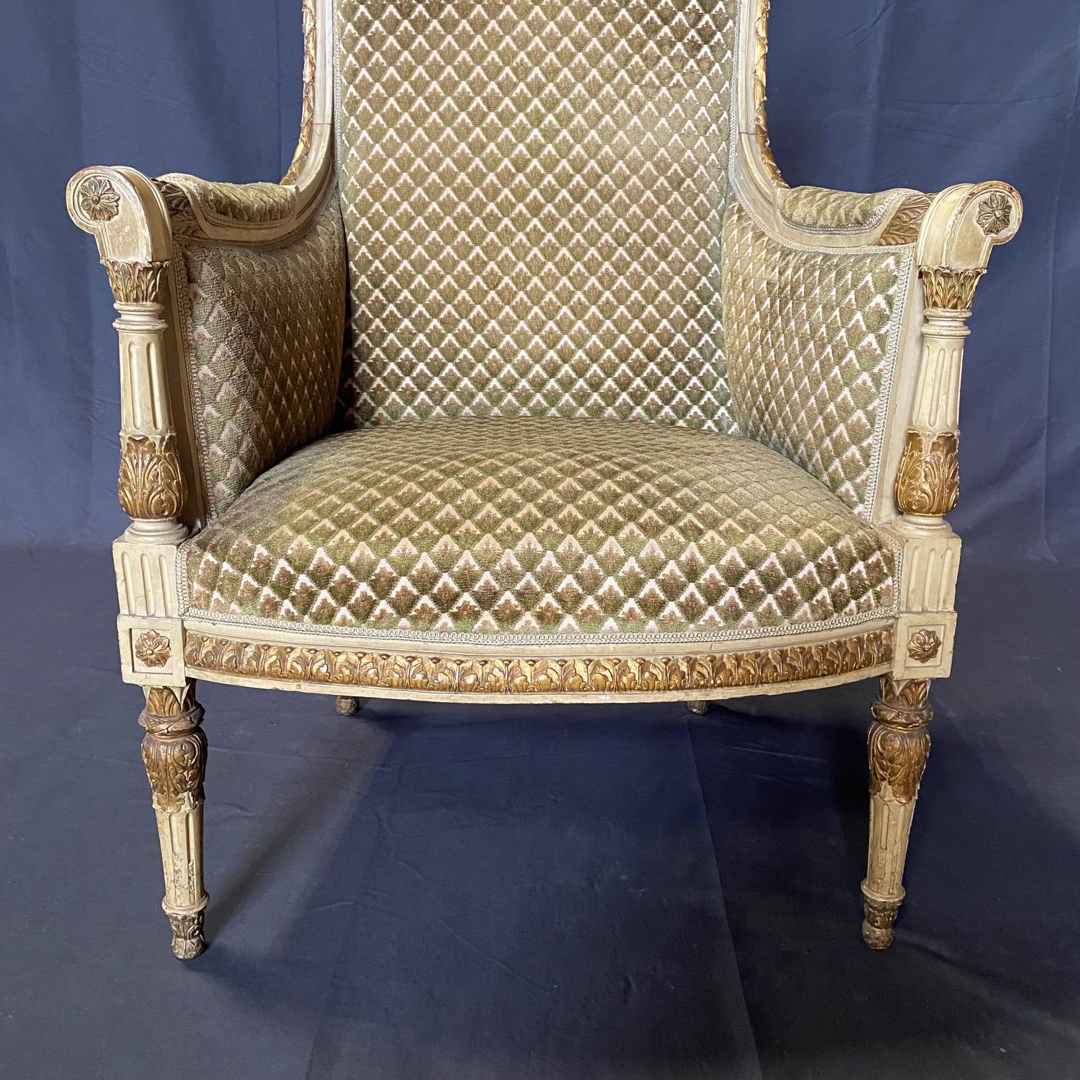 A very fine French 19th century Louis XVI style hand cream painted and carved five-piece salon suite, comprising of a sofa, loveseat or canapé, two bergeres or armchairs, and two side chairs or accent chairs, all upholstered in original diamond cut