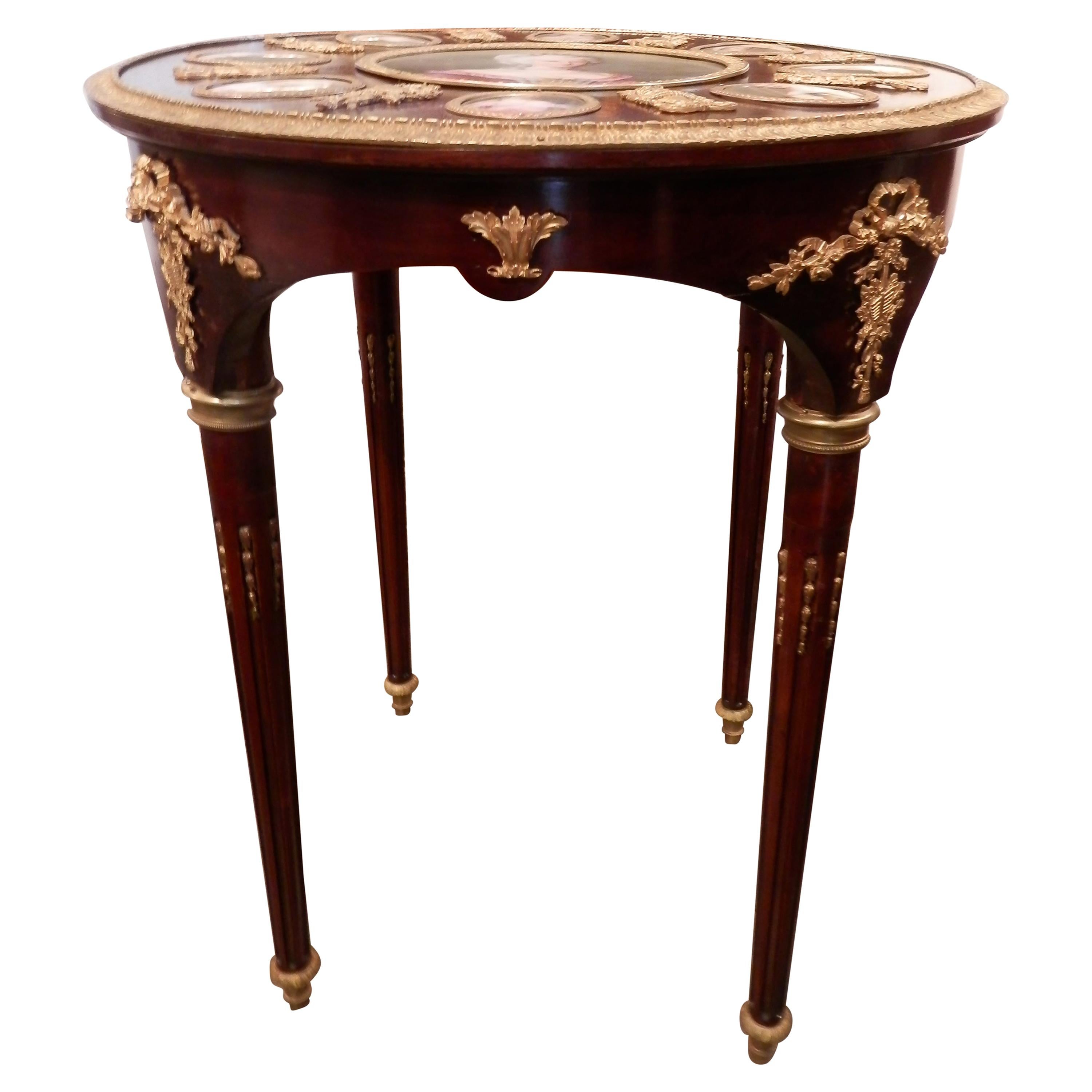 19th Century Fine French Louis XVI Serve
s Porcelain Plaque and Mahogany Table