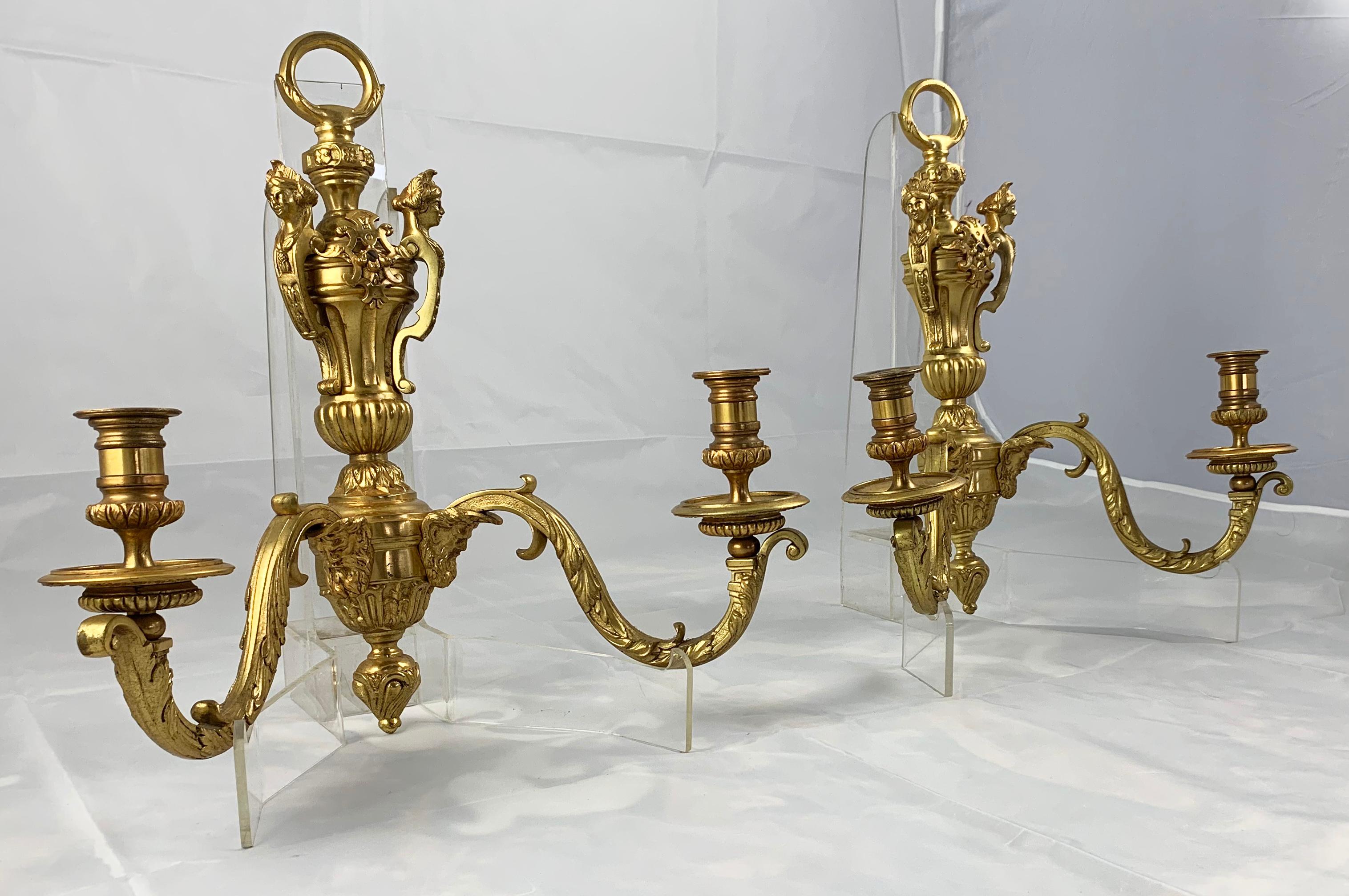 French 19th Century Fine Pair of Ormolu Two Branch Candelabra Wall Lights For Sale