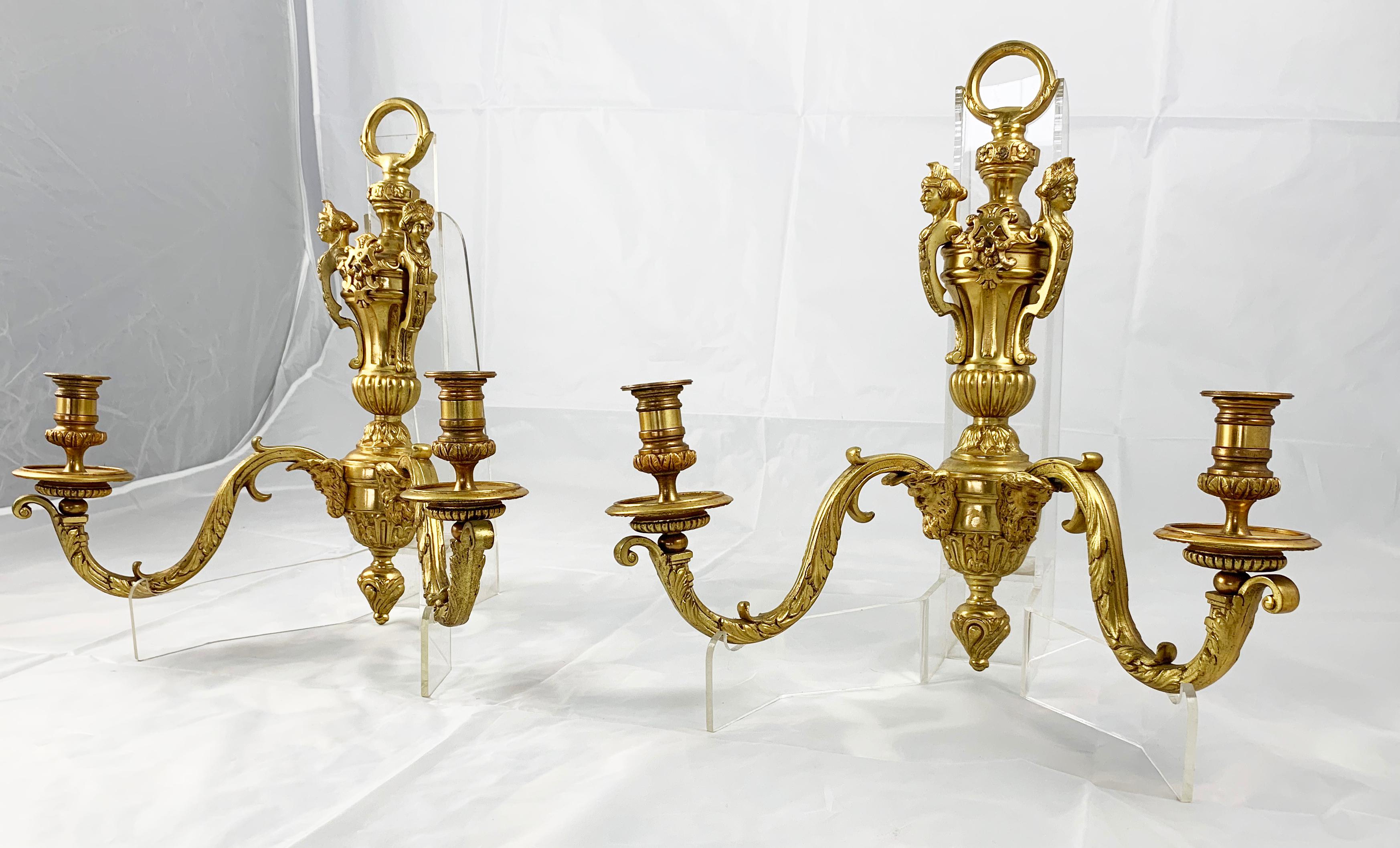 Hand-Crafted 19th Century Fine Pair of Ormolu Two Branch Candelabra Wall Lights For Sale