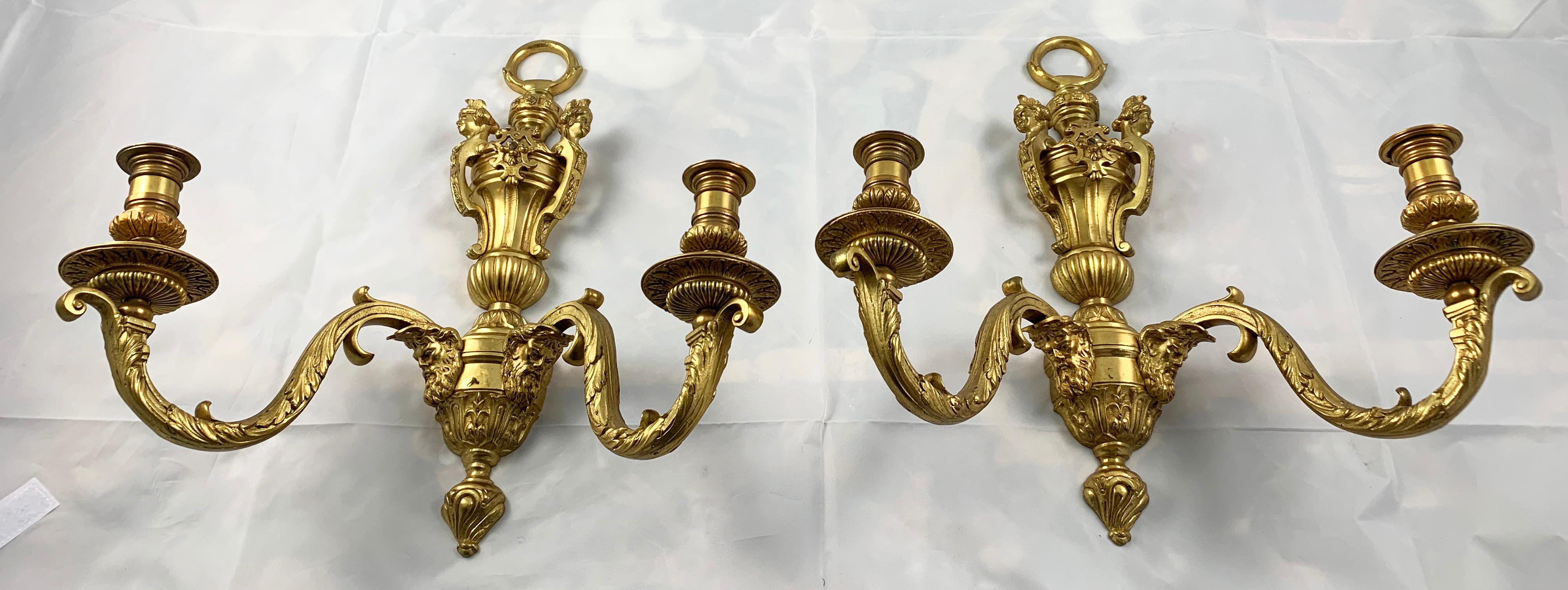 19th Century Fine Pair of Ormolu Two Branch Candelabra Wall Lights For Sale 1