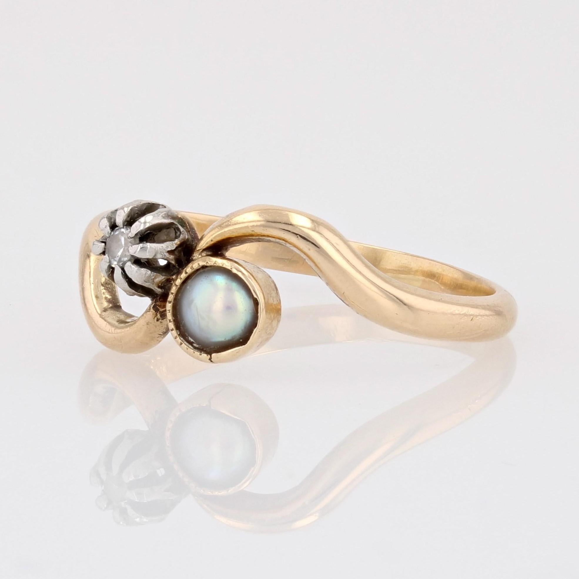 Belle Époque 19th Century Fine Pearl Diamond 18 Karat Yellow Gold You and Me Ring For Sale