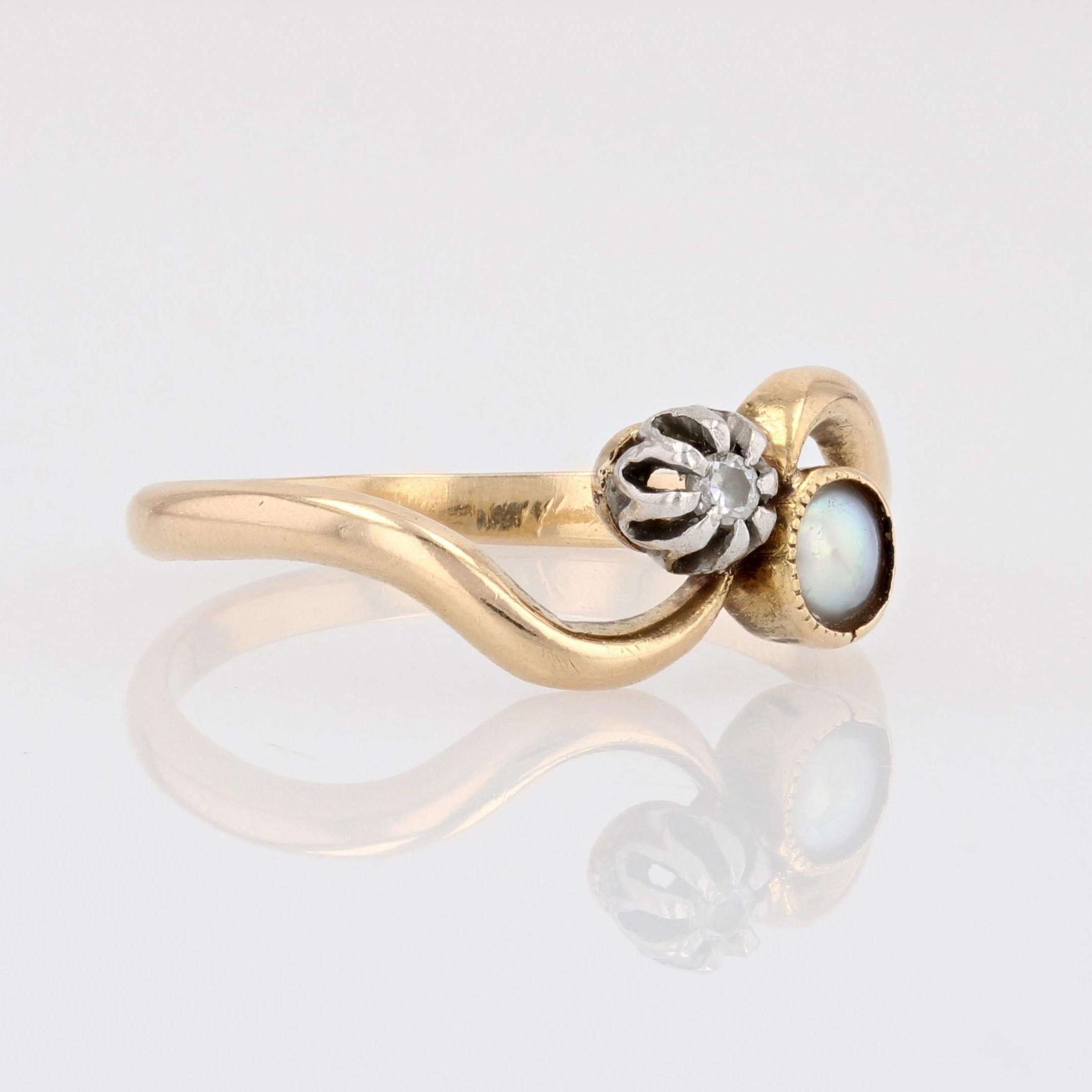 Round Cut 19th Century Fine Pearl Diamond 18 Karat Yellow Gold You and Me Ring For Sale