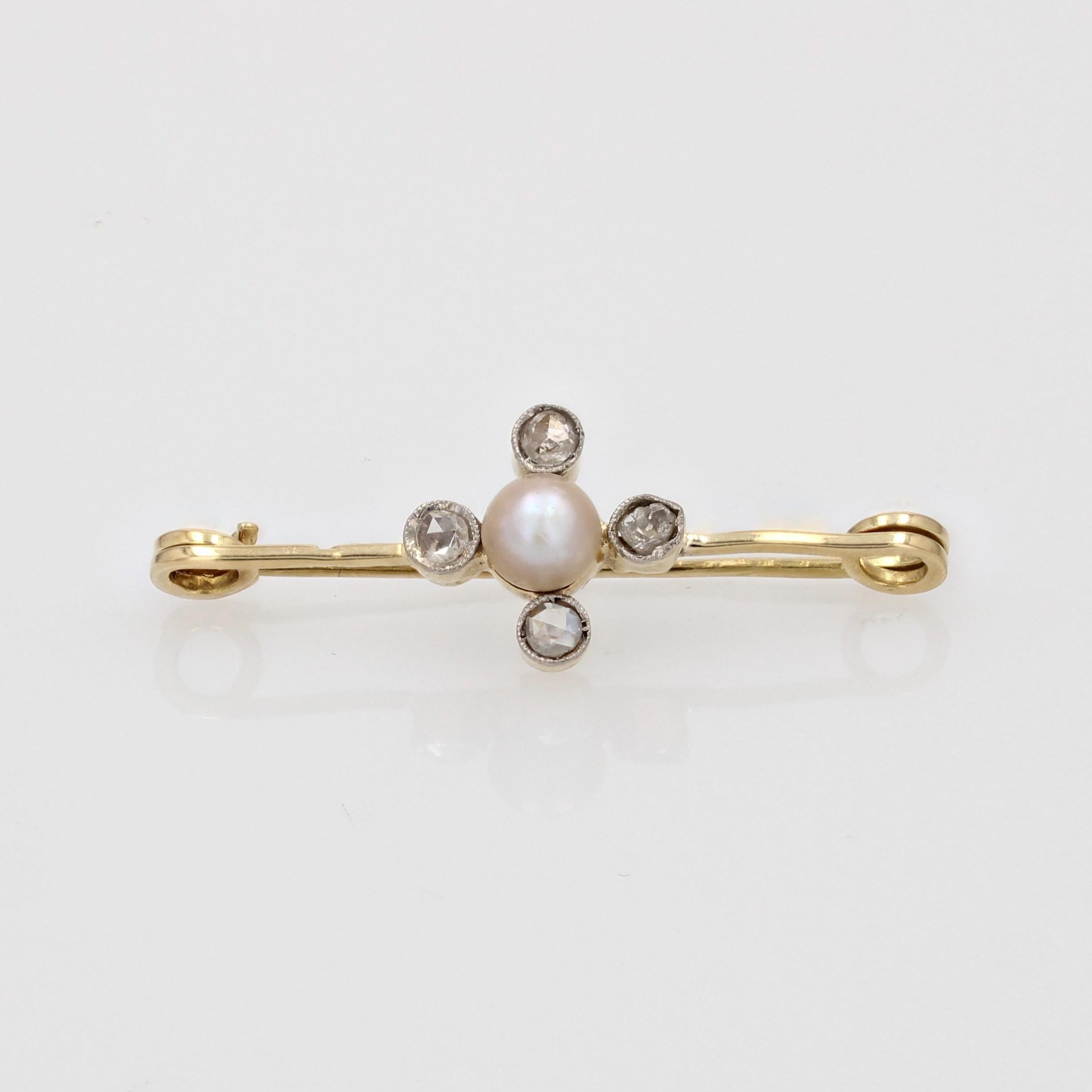 Taille rose Broche en or jaune 18 carats, perles fines et diamants du 19e siècle en vente