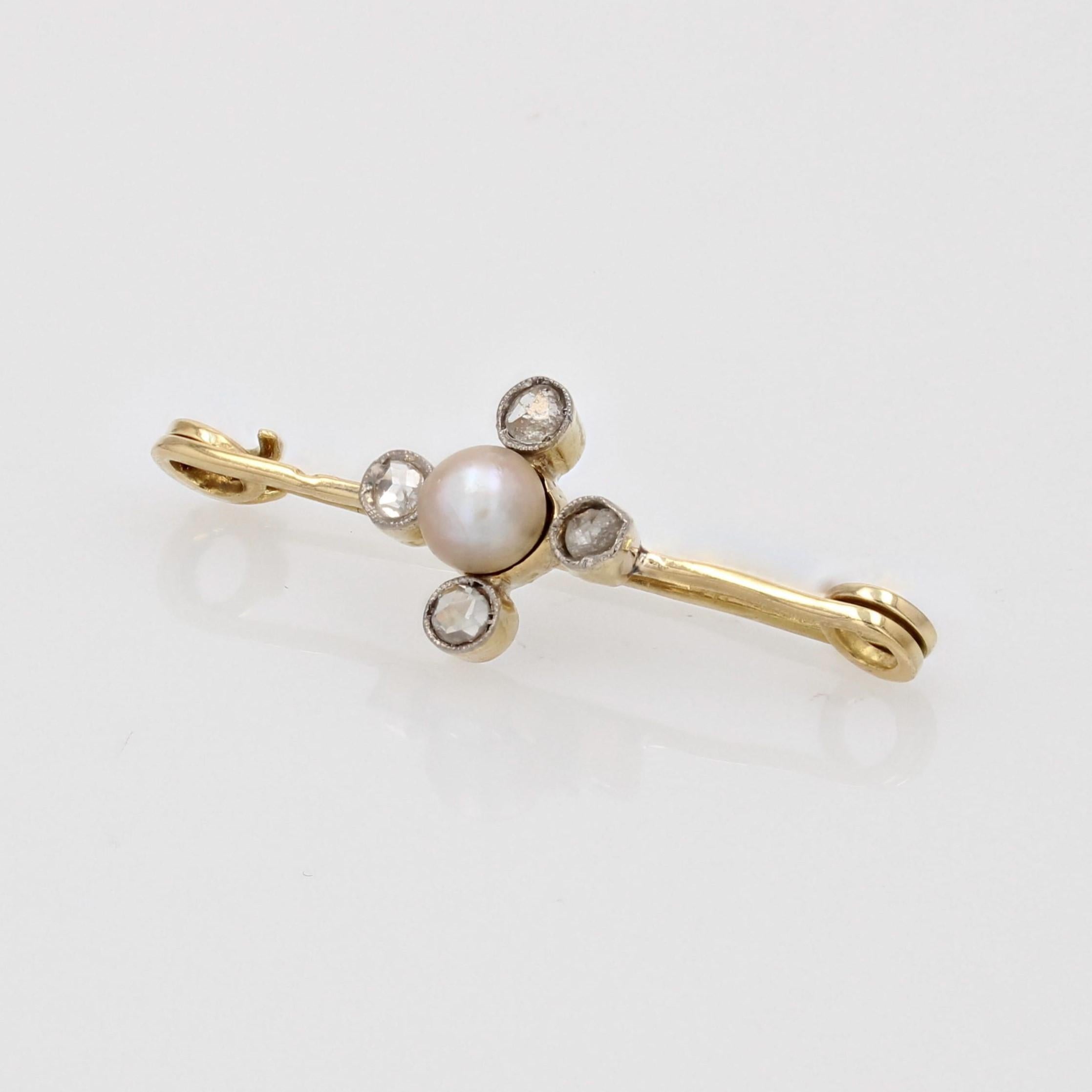 19th Century Fine Pearl Diamonds 18 Karat Yellow Gold Pin Brooch In Good Condition For Sale In Poitiers, FR