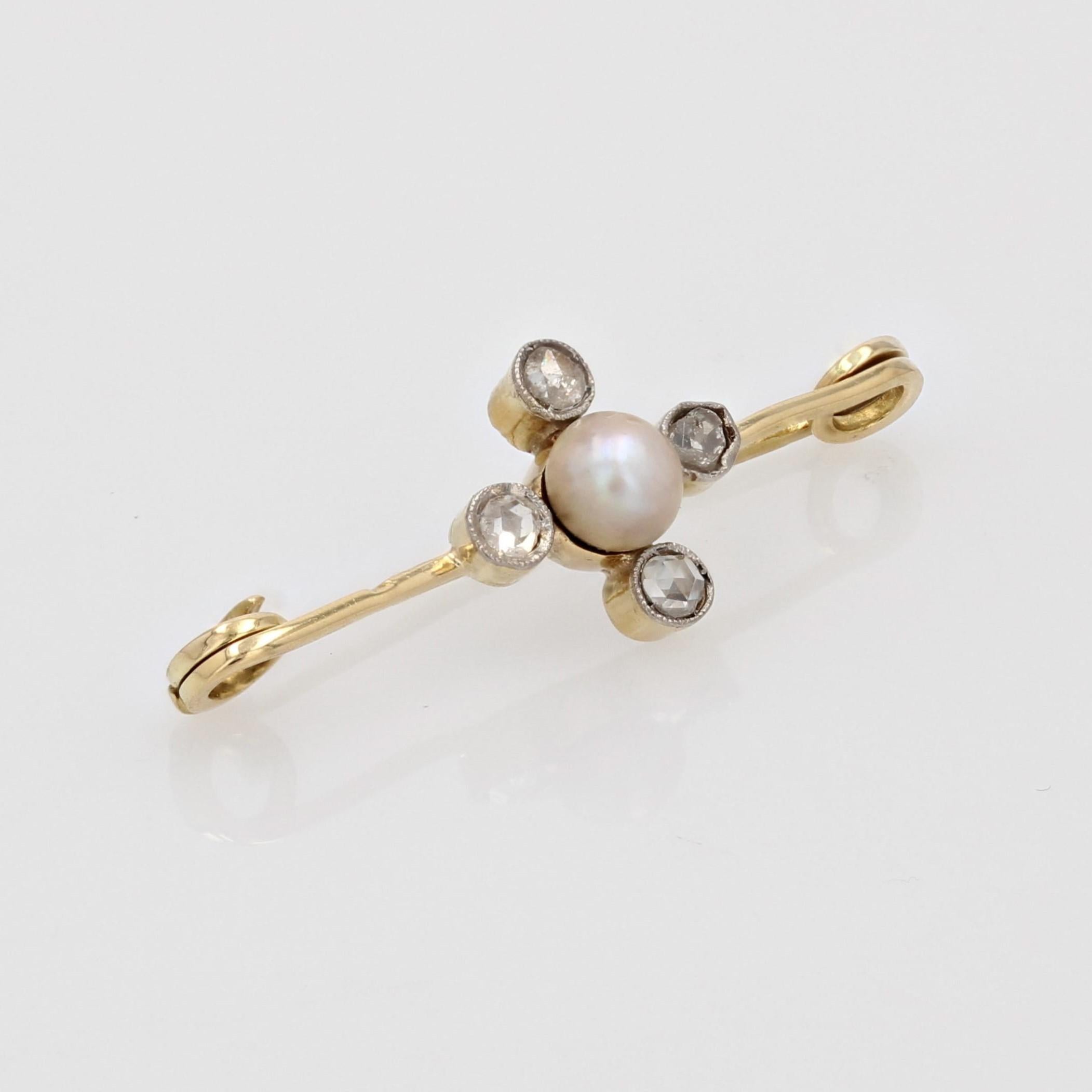 Broche en or jaune 18 carats, perles fines et diamants du 19e siècle Pour femmes en vente