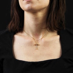 19th Century Fine Pearl Enamel 18 Karat Yellow Gold Chain Cross Pendant