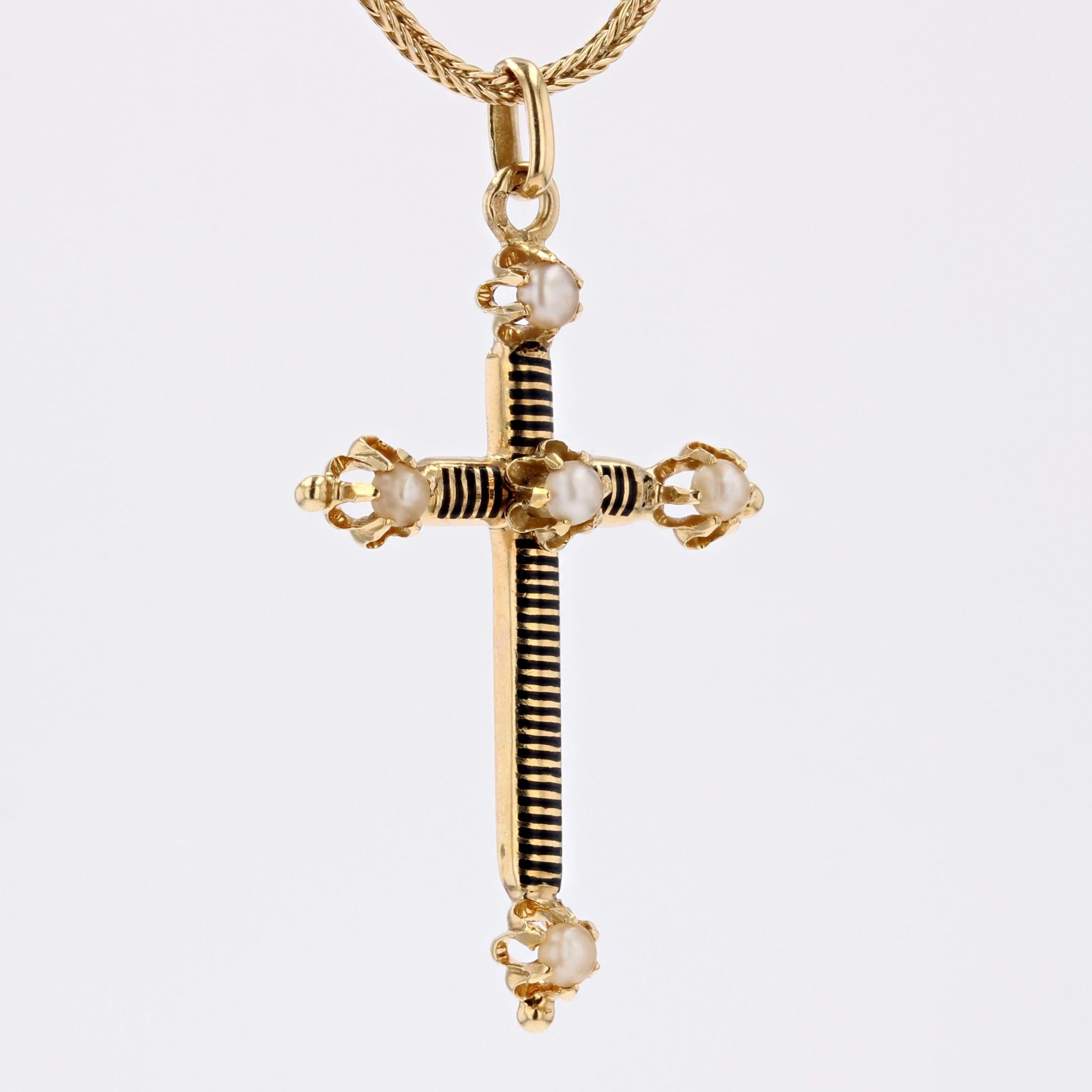 Bead 19th Century Fine Pearl Enamel 18 Karat Yellow Gold Chain Cross Pendant For Sale