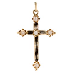 Antique 19th Century Fine Pearl Enamel 18 Karat Yellow Gold Chain Cross Pendant