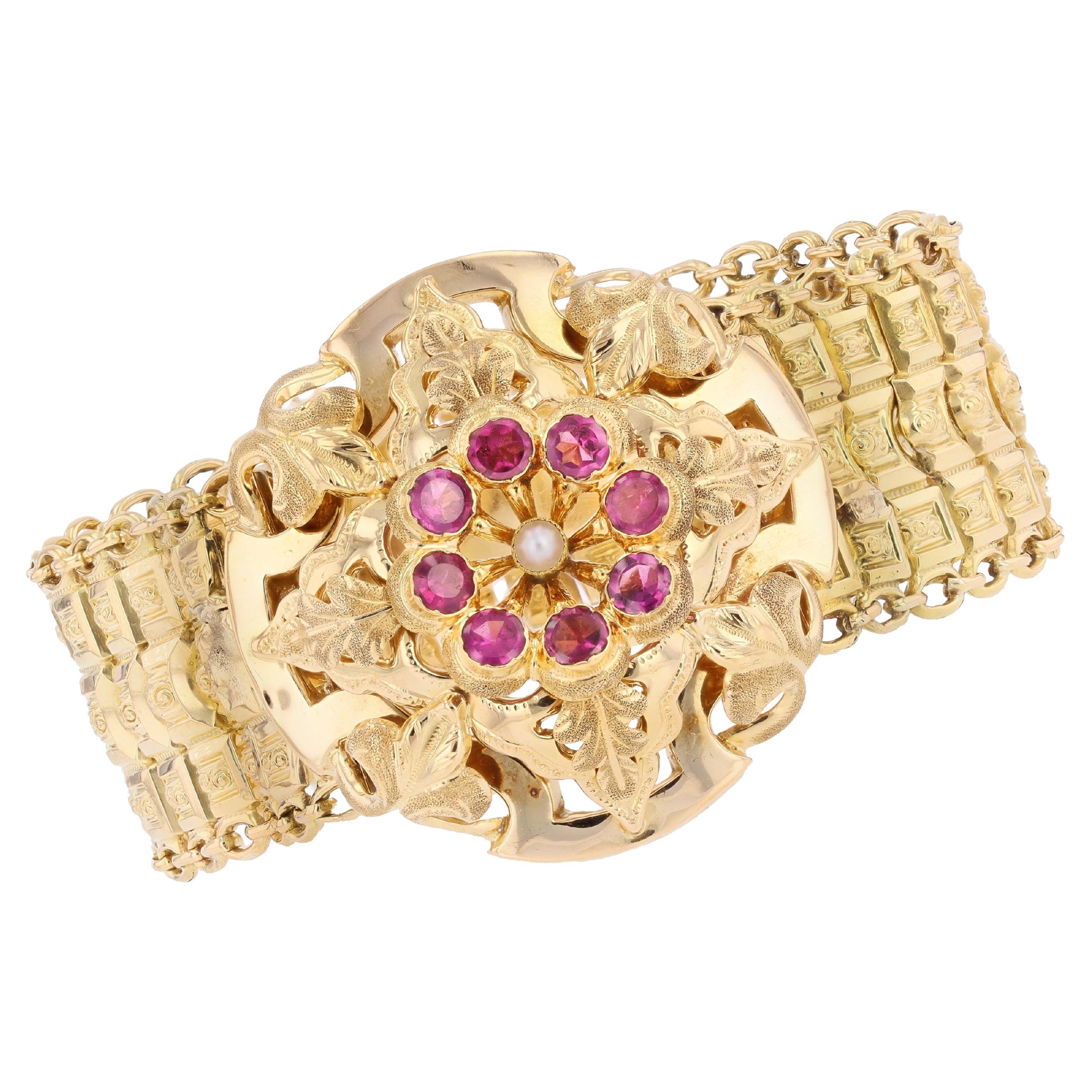 Bracciale in oro giallo 18 carati con perle e granati del XIX secolo in vendita