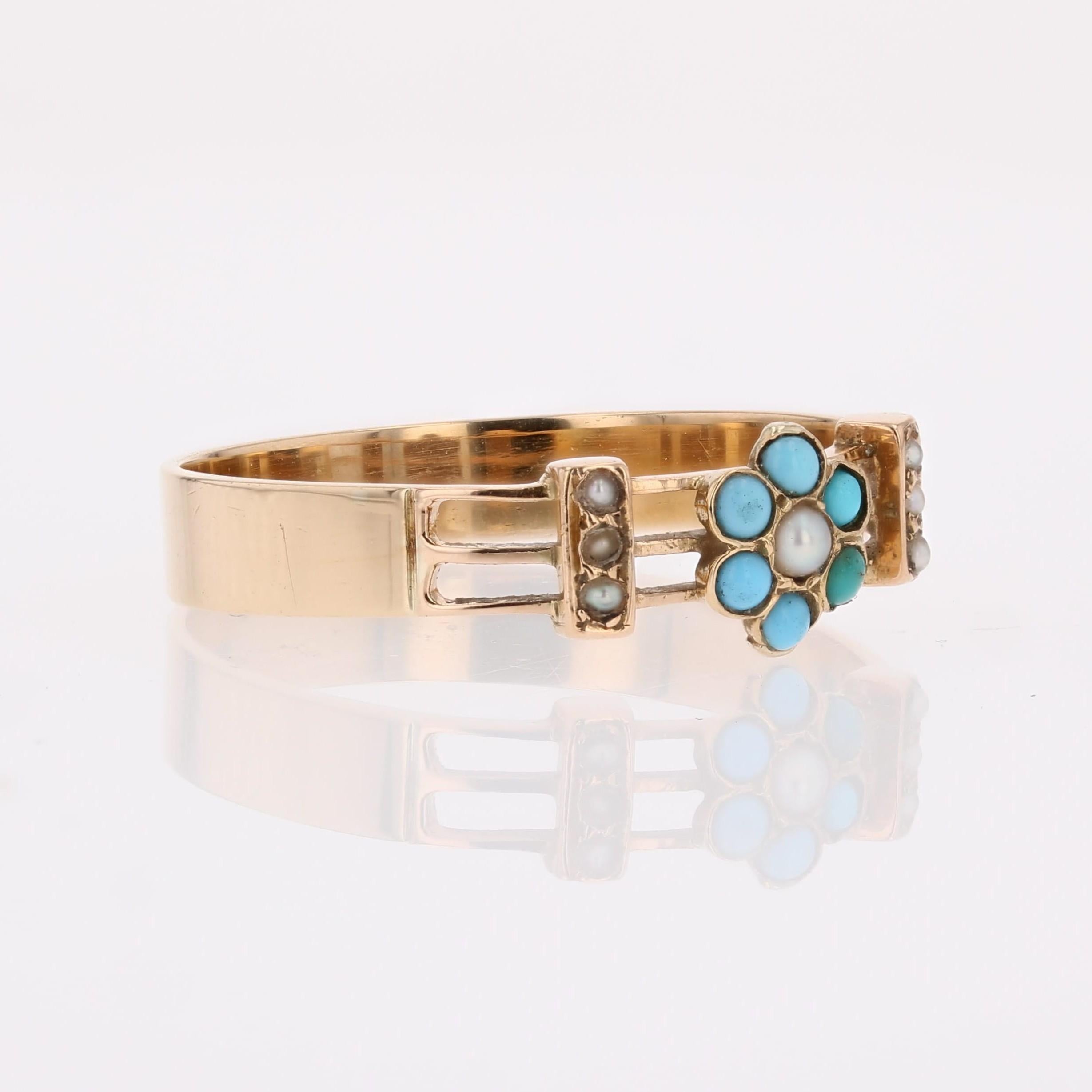 Anello in oro rosa 18 carati con perle e turchesi del XIX secolo In condizioni buone in vendita a Poitiers, FR
