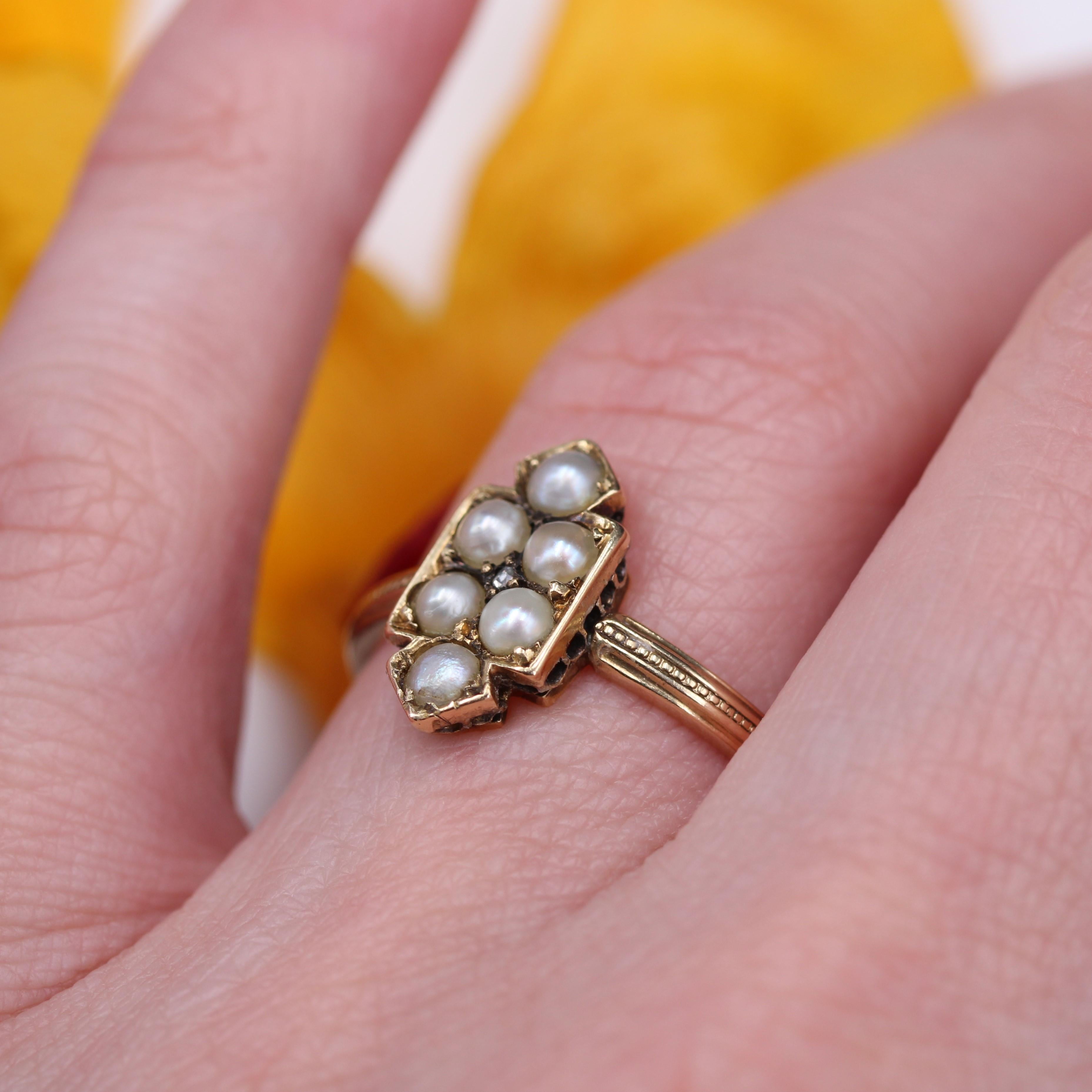 19th Century Fine Pearls Diamond 18 Karat Yellow Gold Badge Ring For Sale 7