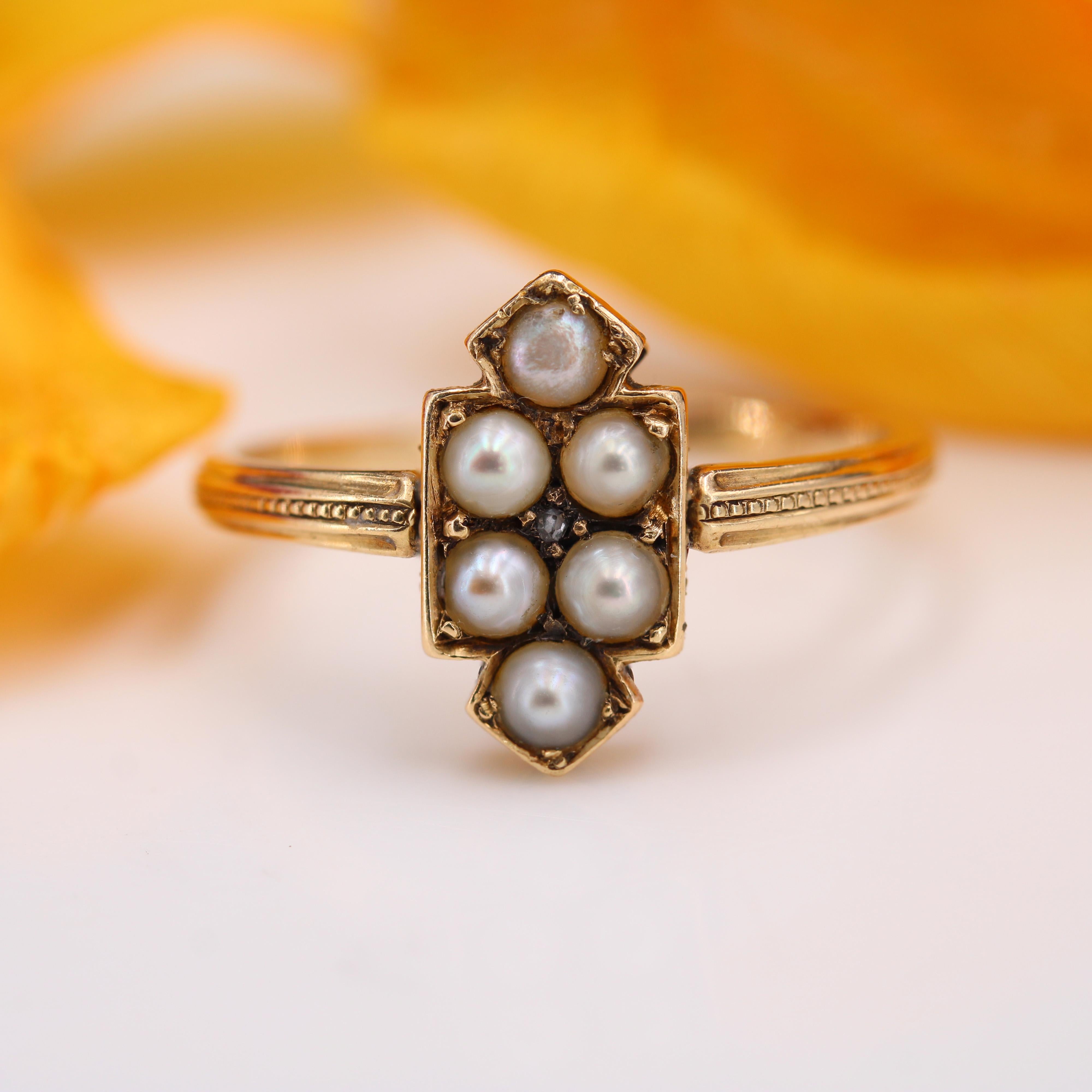 Napoleon III 19th Century Fine Pearls Diamond 18 Karat Yellow Gold Badge Ring For Sale