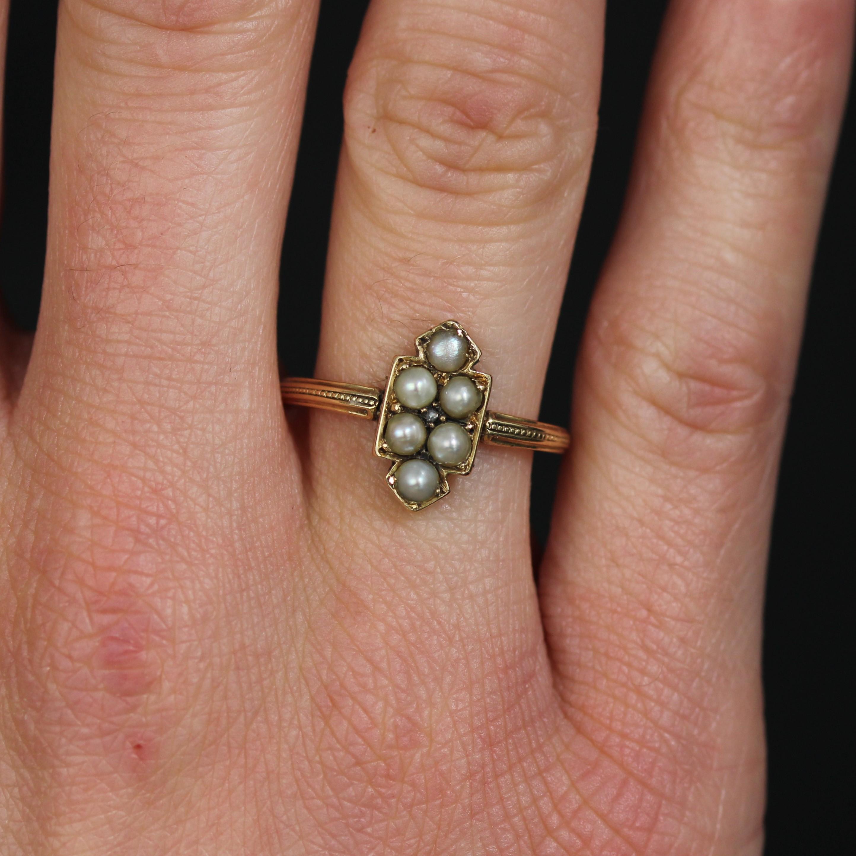 Women's 19th Century Fine Pearls Diamond 18 Karat Yellow Gold Badge Ring For Sale