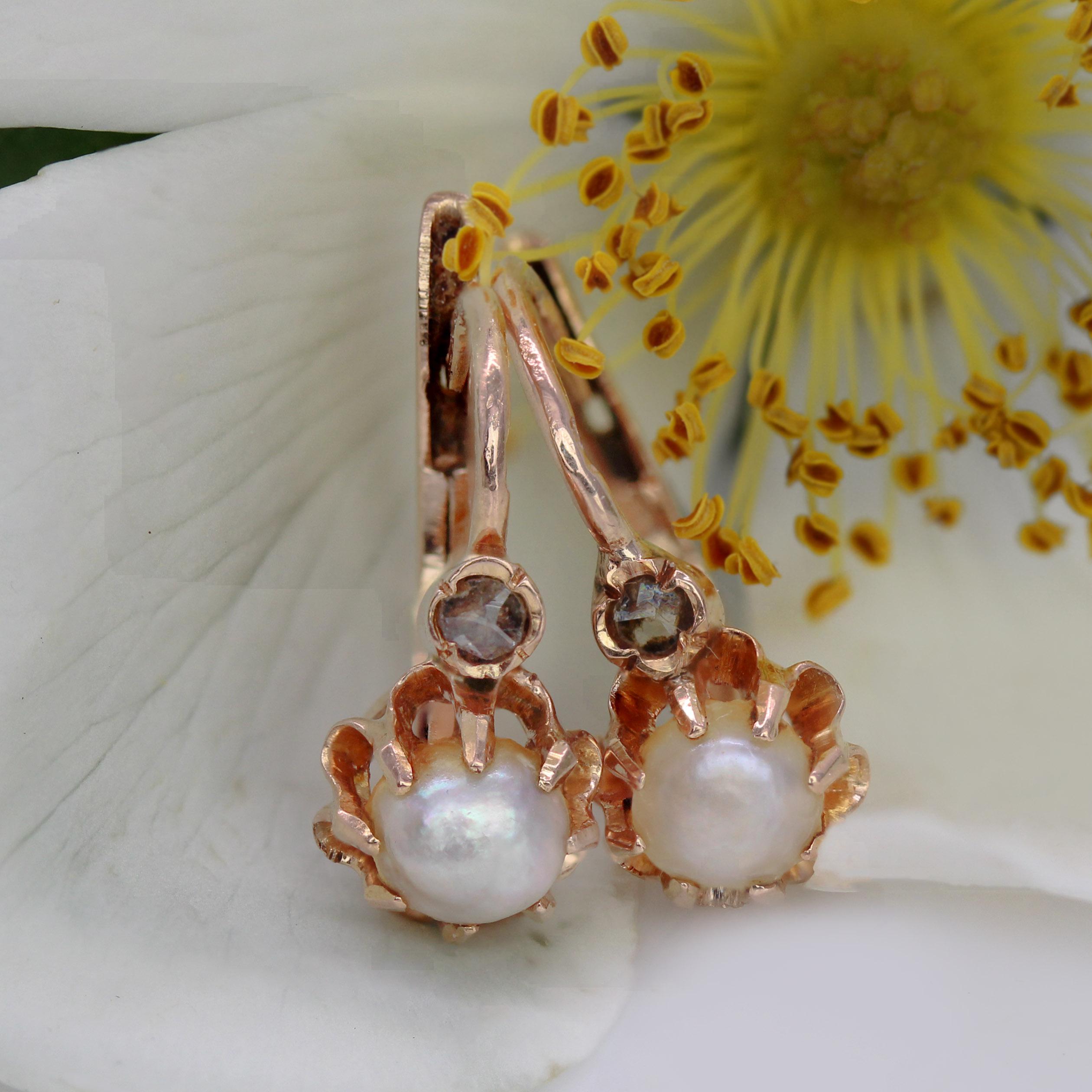 Belle Époque 19th Century Fine Pearls Diamonds 18 Karat Rose Gold Lever- Back Earrings in vendita