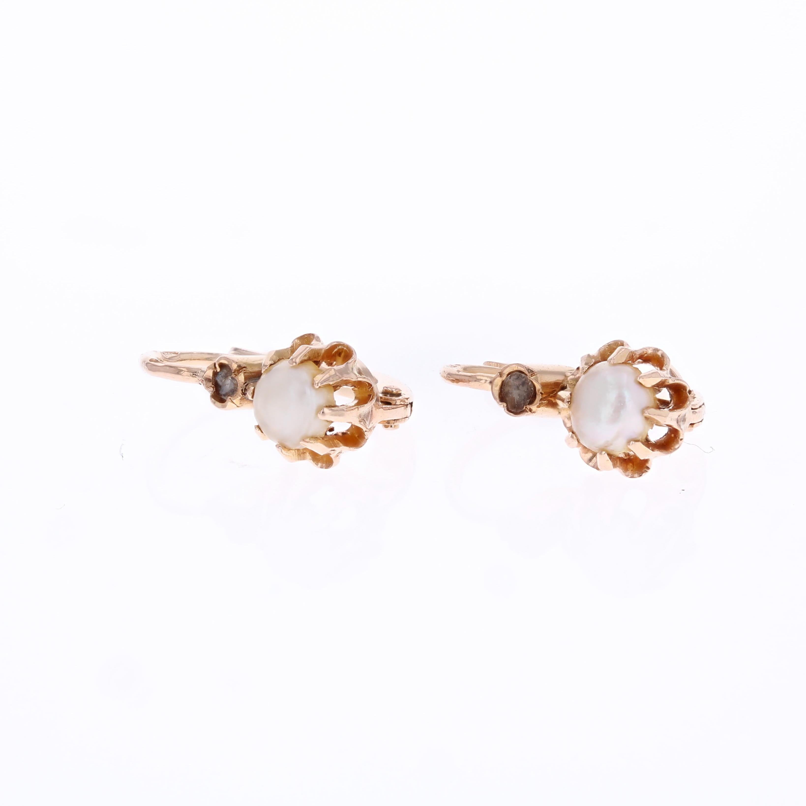 19th Century Fine Pearls Diamonds 18 Karat Rose Gold Lever- Back Earrings in vendita 1
