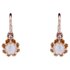 19th Century Fine Pearls Diamonds 18 Karat Rose Gold Lever- Back Earrings