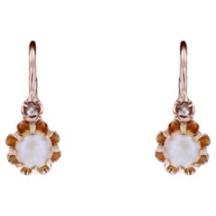 19th Century Fine Pearls Diamonds 18 Karat Rose Gold Lever- Back Earrings