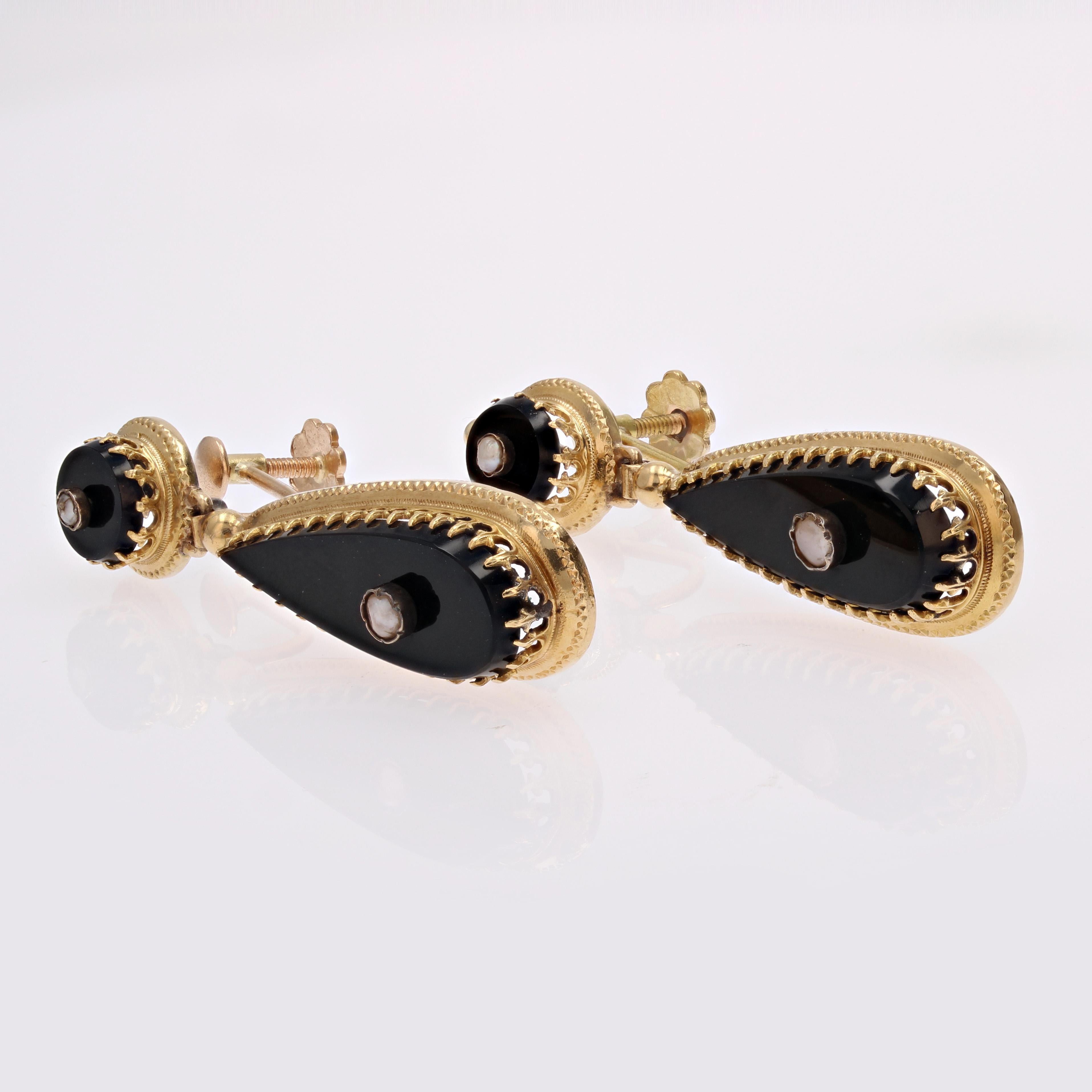 Empire 19th Century Fine Pearls Onyx 18 Karat Yellow Gold Dangle Earrings For Sale