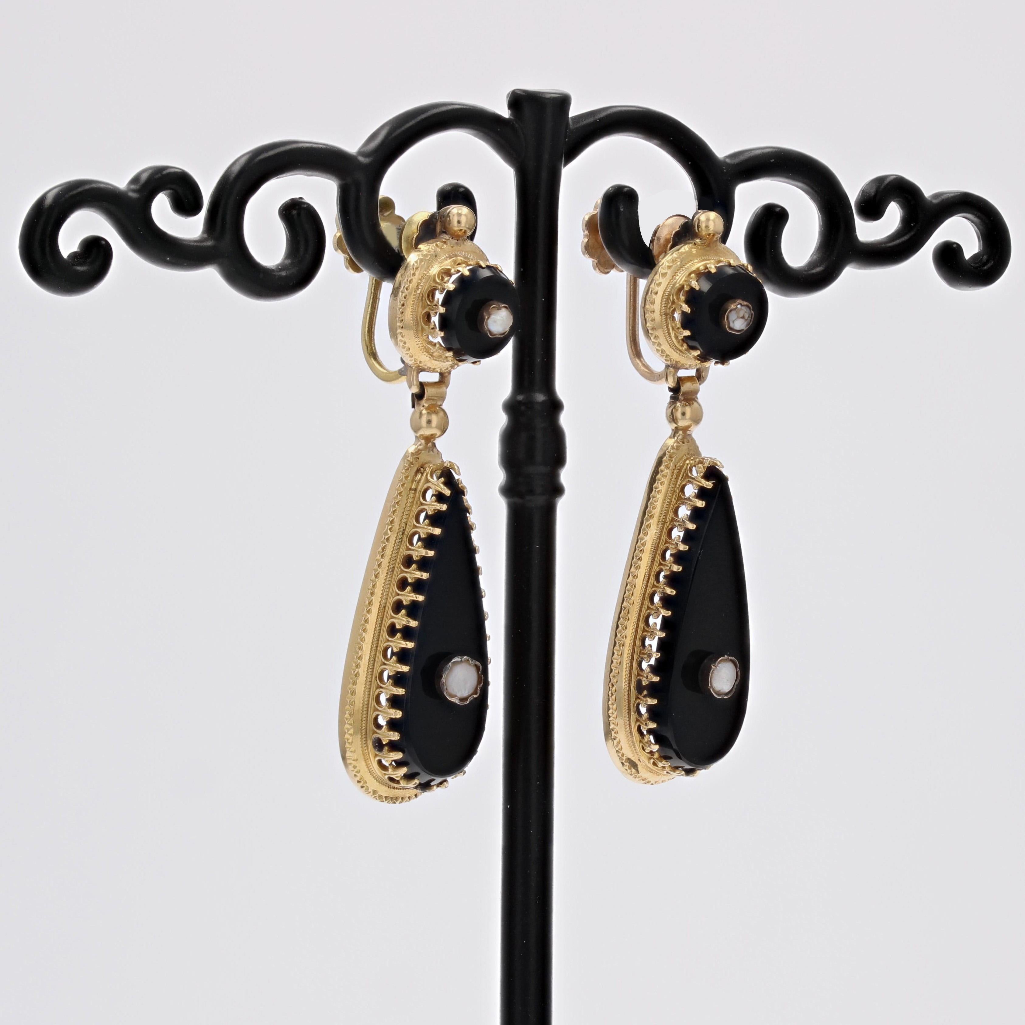 Boucles d'oreilles pendantes en or jaune 18 carats, perles fines et onyx du 19ème siècle Bon état - En vente à Poitiers, FR