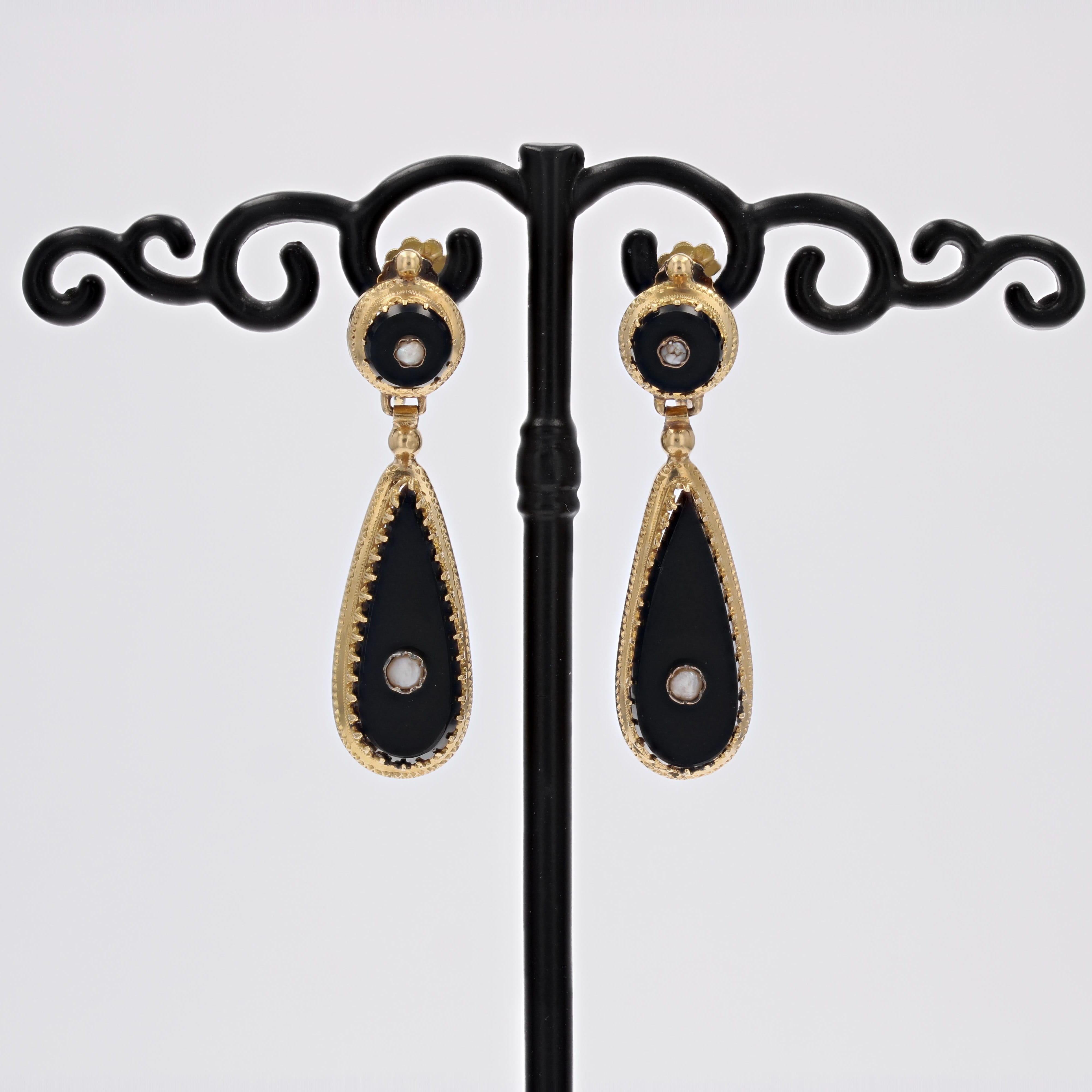Women's 19th Century Fine Pearls Onyx 18 Karat Yellow Gold Dangle Earrings For Sale