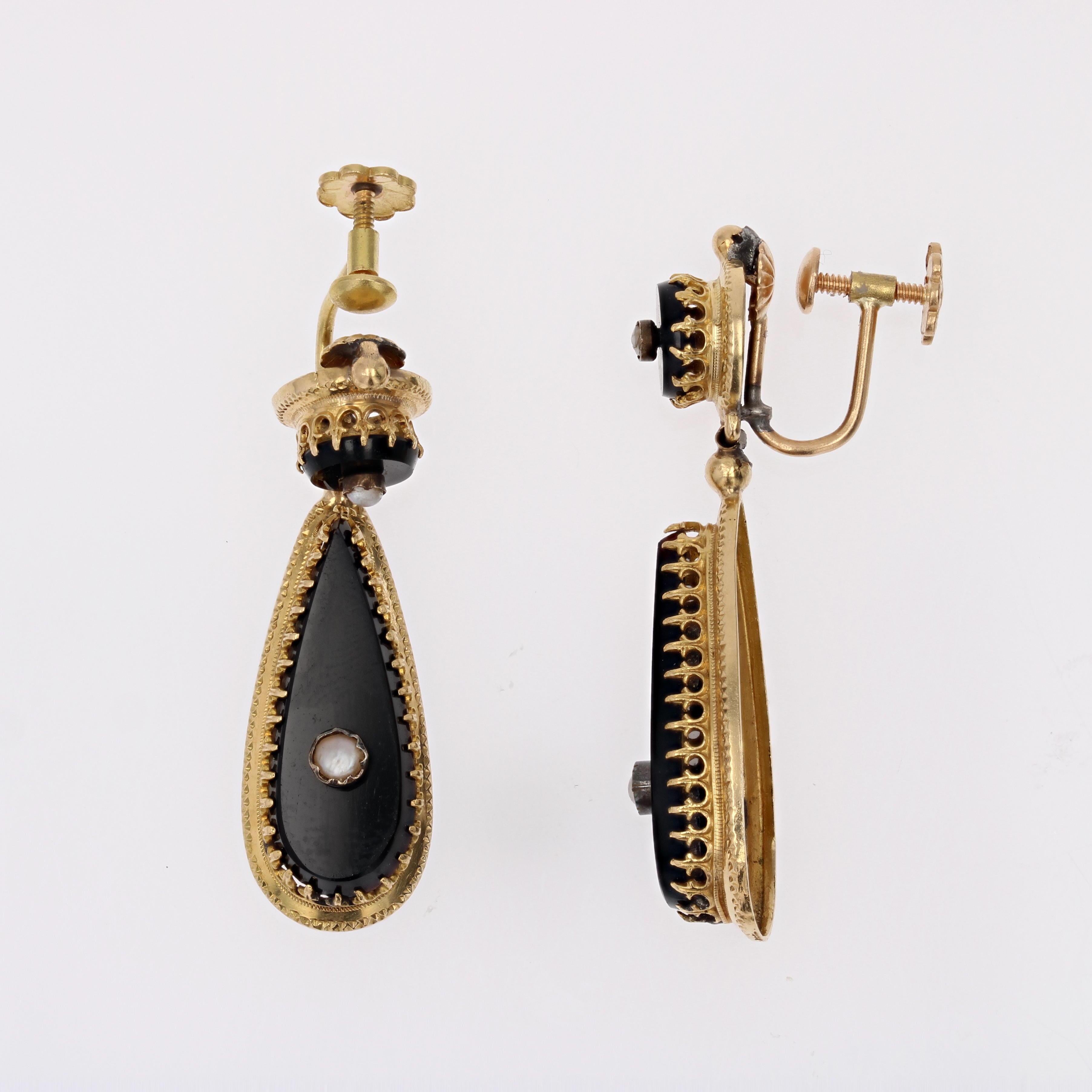 19th Century Fine Pearls Onyx 18 Karat Yellow Gold Dangle Earrings For Sale 2