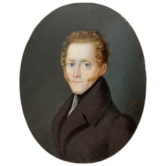 Antique 19th Century Portrait Miniature of a Young Man with Curly Red Hair