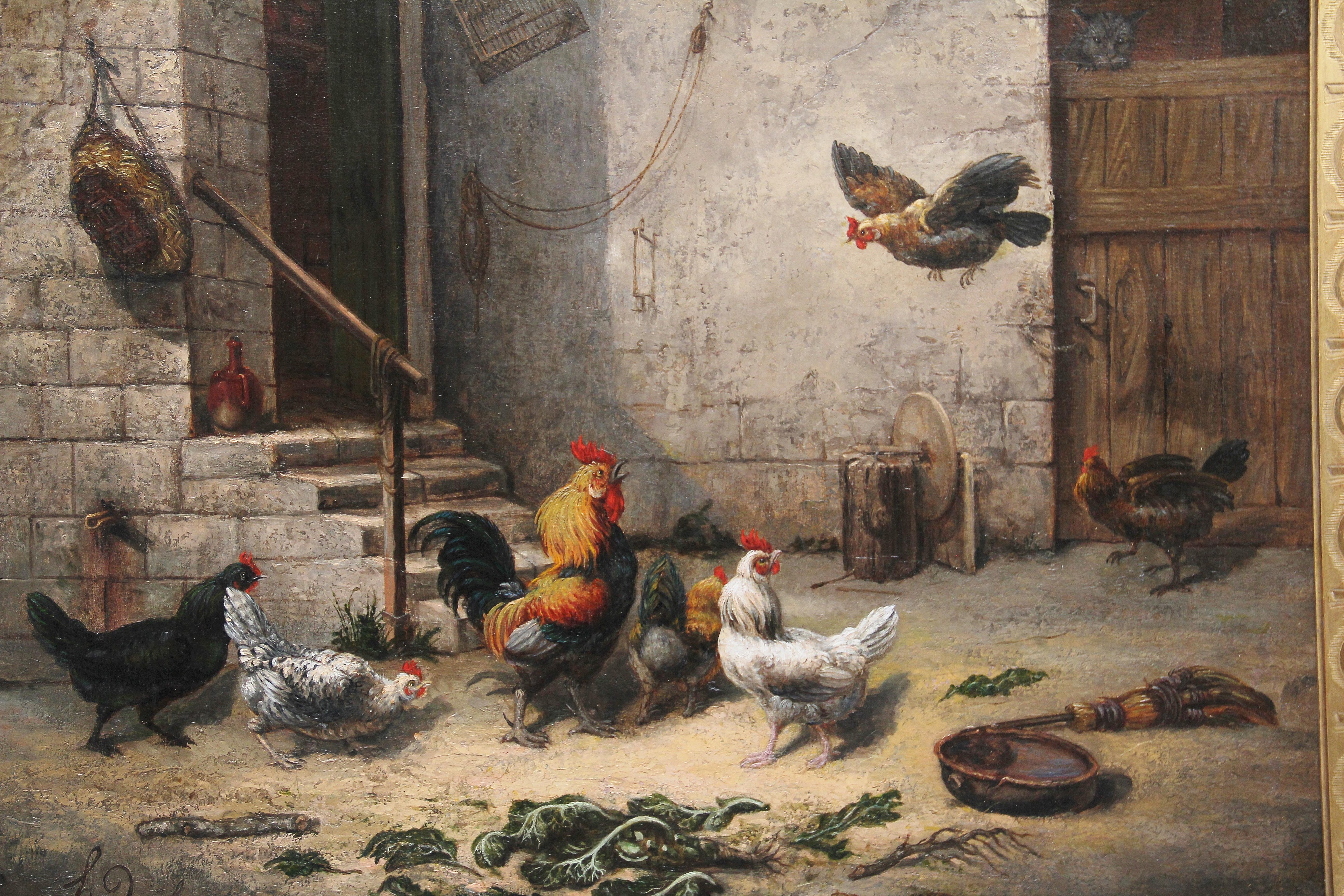 19th century fine quality oil painting of a farmyard scene working in a 17th century Dutch manner, this oil on canvas painting depicting various roosters, having original decorative gilt frame which is in fabulous condition. The painting is signed
