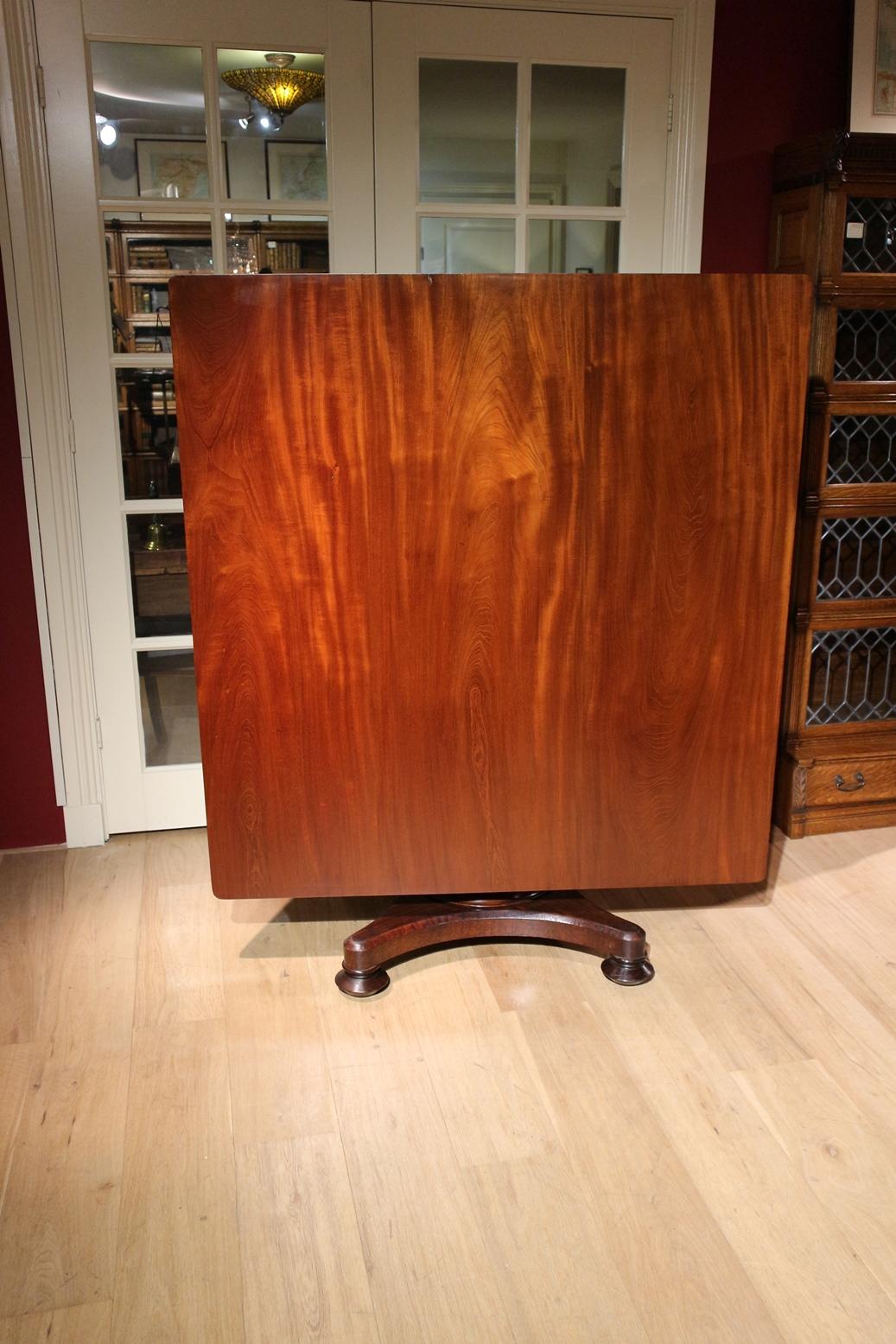 A fine quality William IV tilt-top breakfast, or supper, dining table. Made from a fine grade of solid mahogany. It has a great depth of color and rich patina. The central column base spreads into a quadraform base with round feet that terminate in