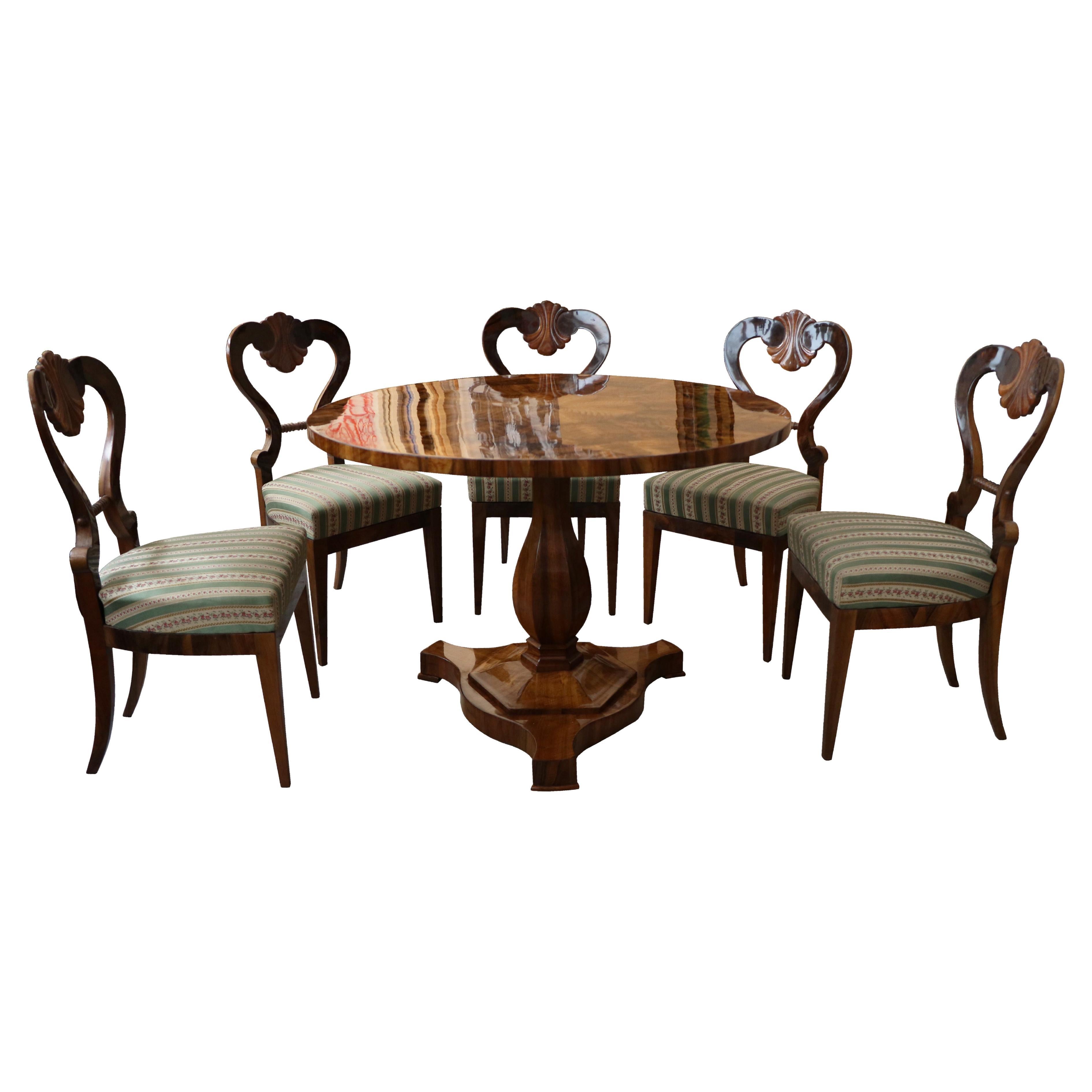 Hello,
These fine set of five Viennese Biedermeier walnut chairs from c, 1825 is the best example of an early Viennese Biedermeier which reflect innovative design and highest quality craftsmanship.

Viennese Biedermeier because of their