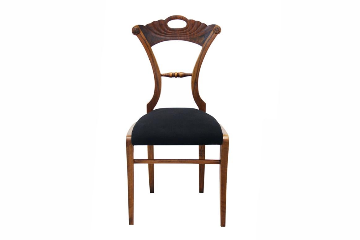 Exceptional Set of Three Viennese Biedermeier Chairs, Circa 1825–1830
This rare set of three original Viennese Biedermeier chairs, crafted around 1825–1830, represents the very finest in early 19th-century Austrian furniture design. Made from