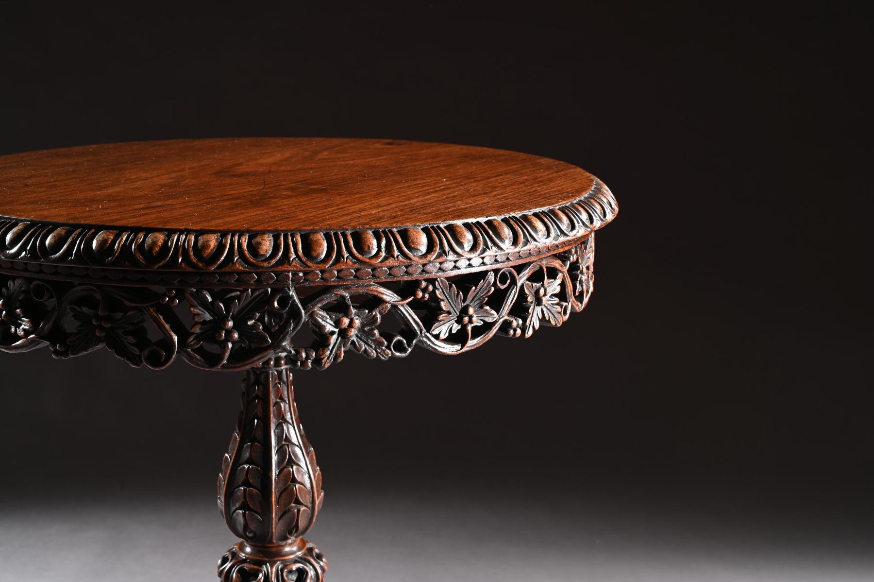 19th Century Finely Carved Anglo Indian Teak Tilt-Top Tripod Table In Good Condition For Sale In Benington, Herts