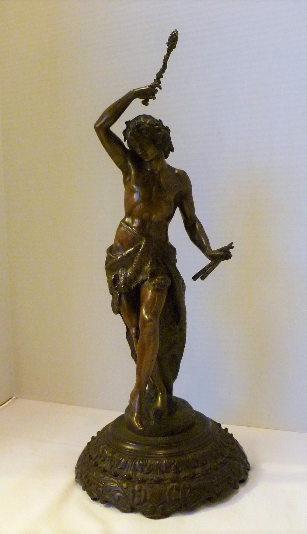 19th Century Classic Chased Bronze Figure of Pan or Dancer on Carved Wood Base For Sale 11