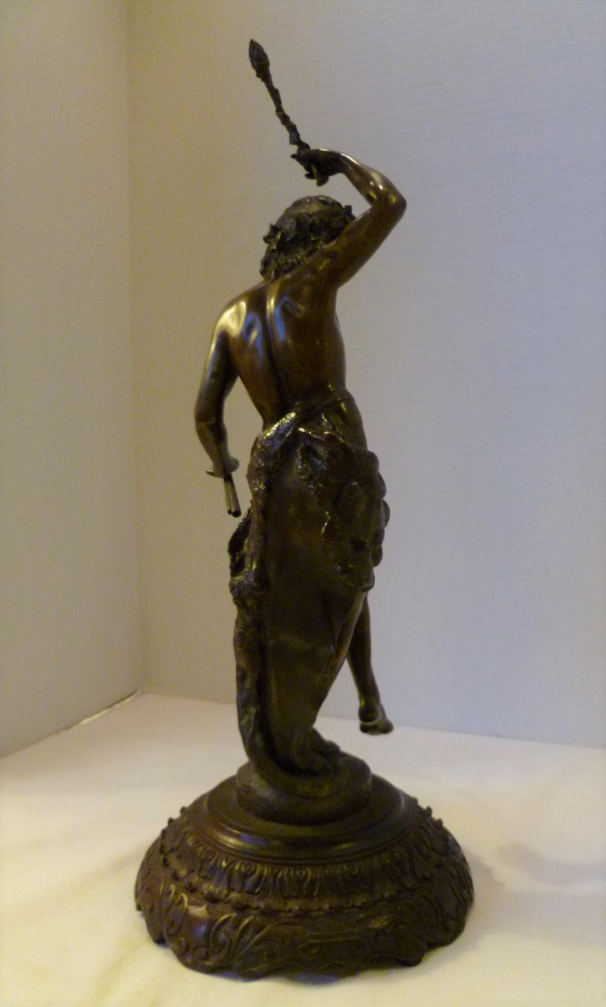 Hand-Carved 19th Century Classic Chased Bronze Figure of Pan or Dancer on Carved Wood Base For Sale