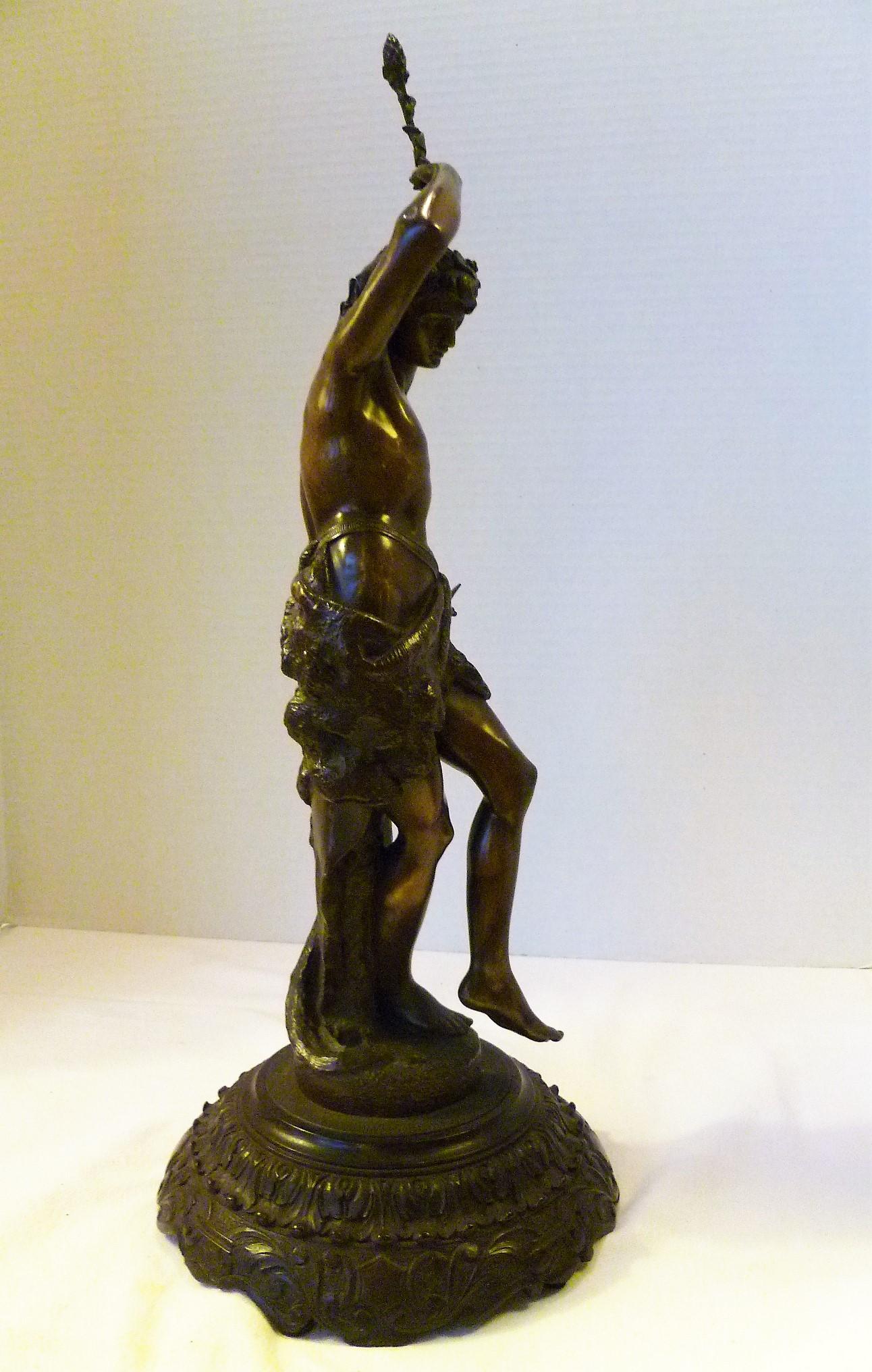 19th Century Classic Chased Bronze Figure of Pan or Dancer on Carved Wood Base In Good Condition For Sale In Miami, FL